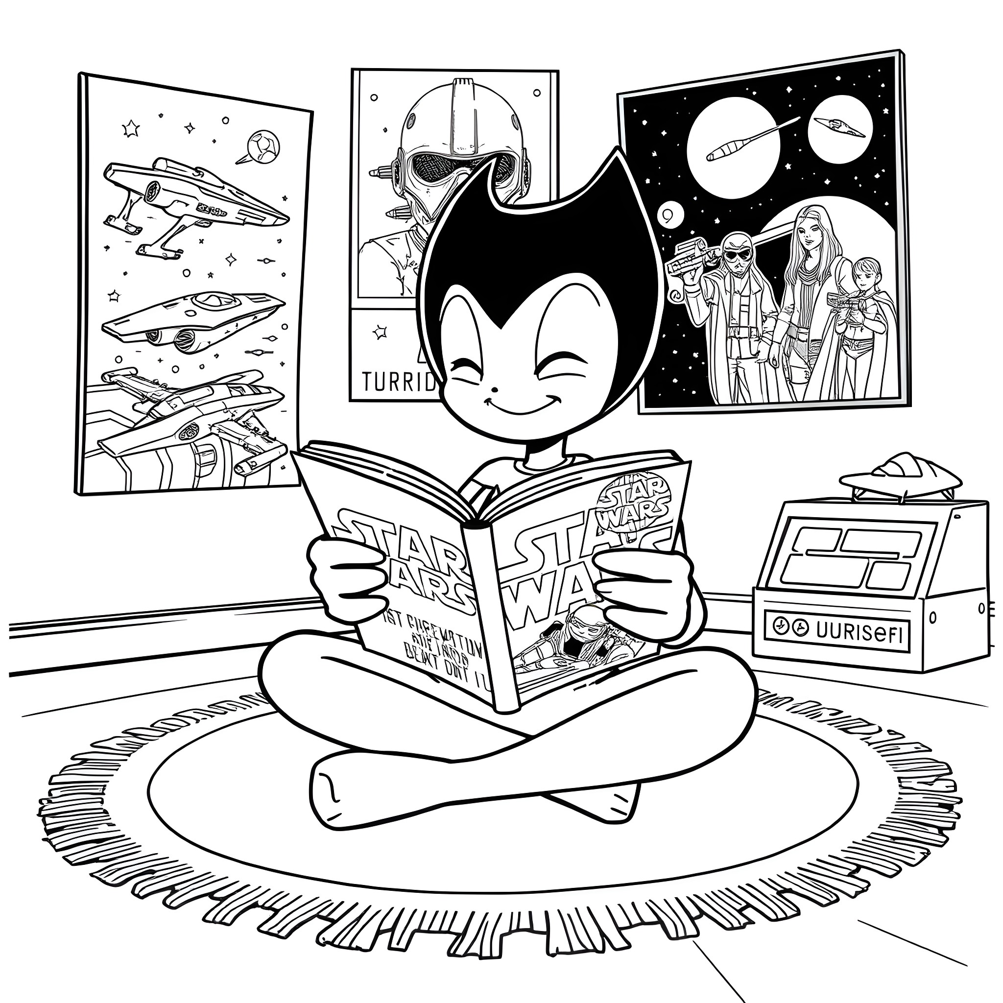 Bendy Boy Reading Star Wars Comics in Space Coloring Page (free black-and-white line drawing printable PDF for all, from beginners to advanced learners, including children, teens, adults, and seniors)