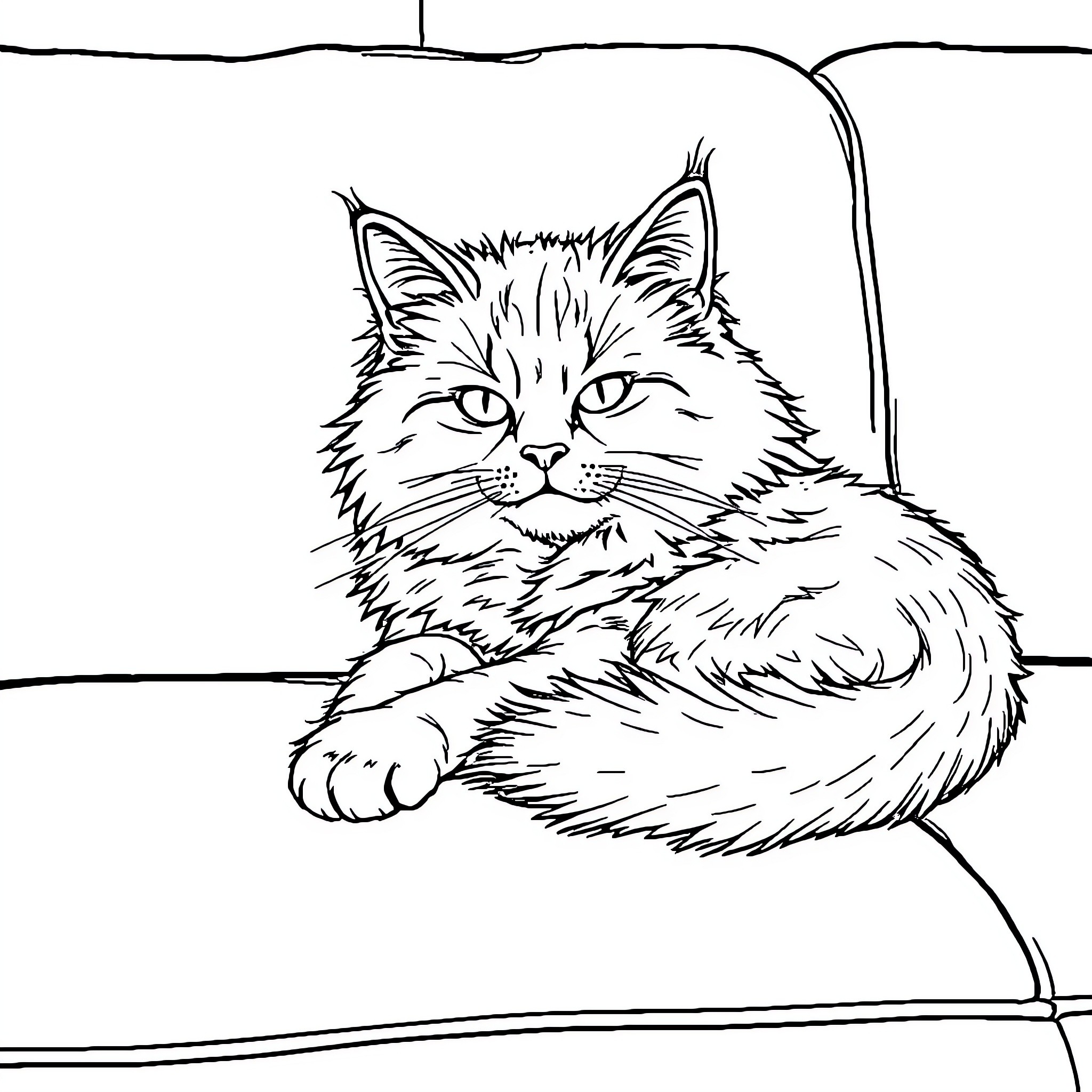 Cat resting on a windowsill Coloring Page (free black-and-white line drawing printable PDF for all, from beginners to advanced learners, including children, teens, adults, and seniors)