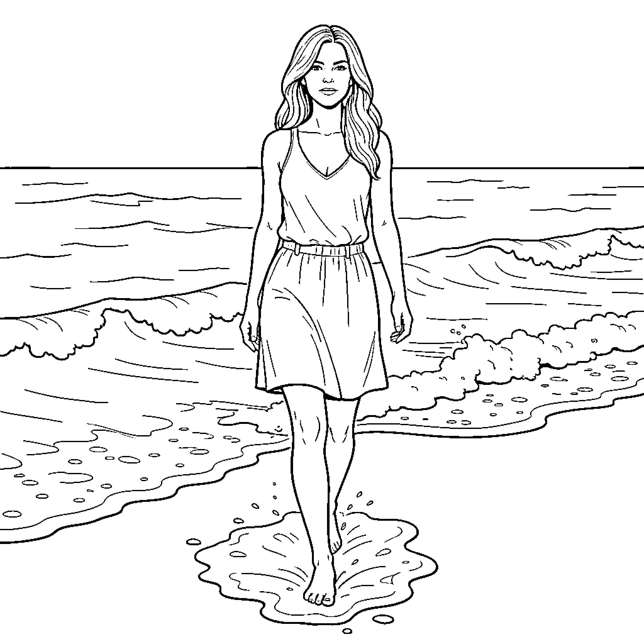 Demi Moore walking gracefully along the beach shoreline Coloring Page (free black-and-white line drawing printable PDF for all, from beginners to advanced learners, including children, teens, adults, and seniors)