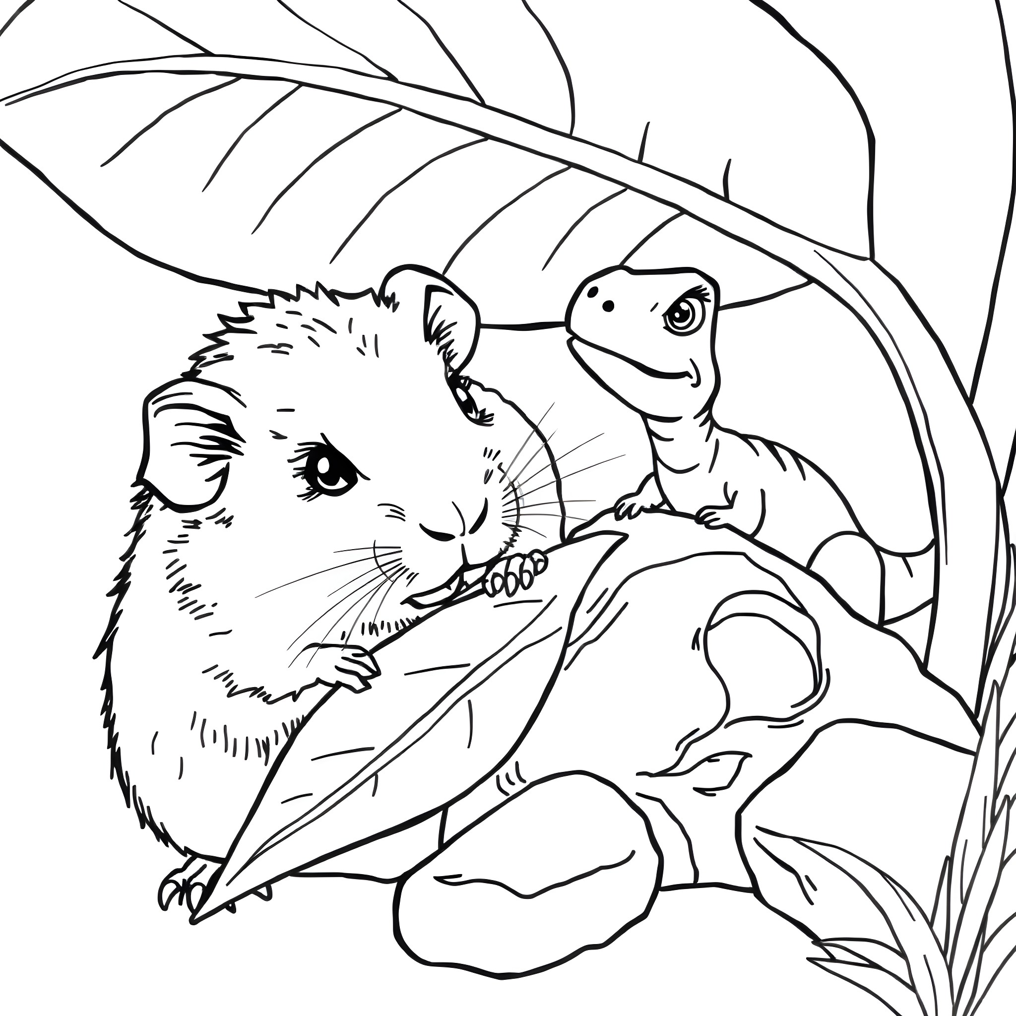 Guinea Pig exploring the jungle with a lizard friend Coloring Page (free black-and-white line drawing printable PDF for all, from beginners to advanced learners, including children, teens, adults, and seniors)