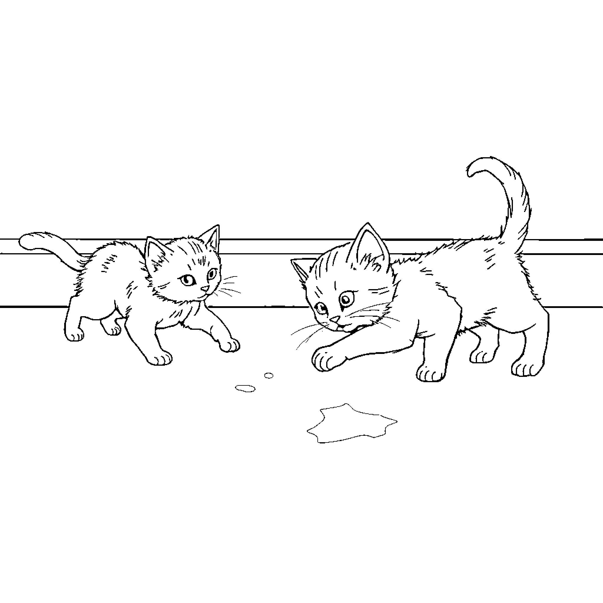 Kitty Kittens Exploring Indoor Scene Coloring Page (free black-and-white line drawing printable PDF for all, from beginners to advanced learners, including children, teens, adults, and seniors)