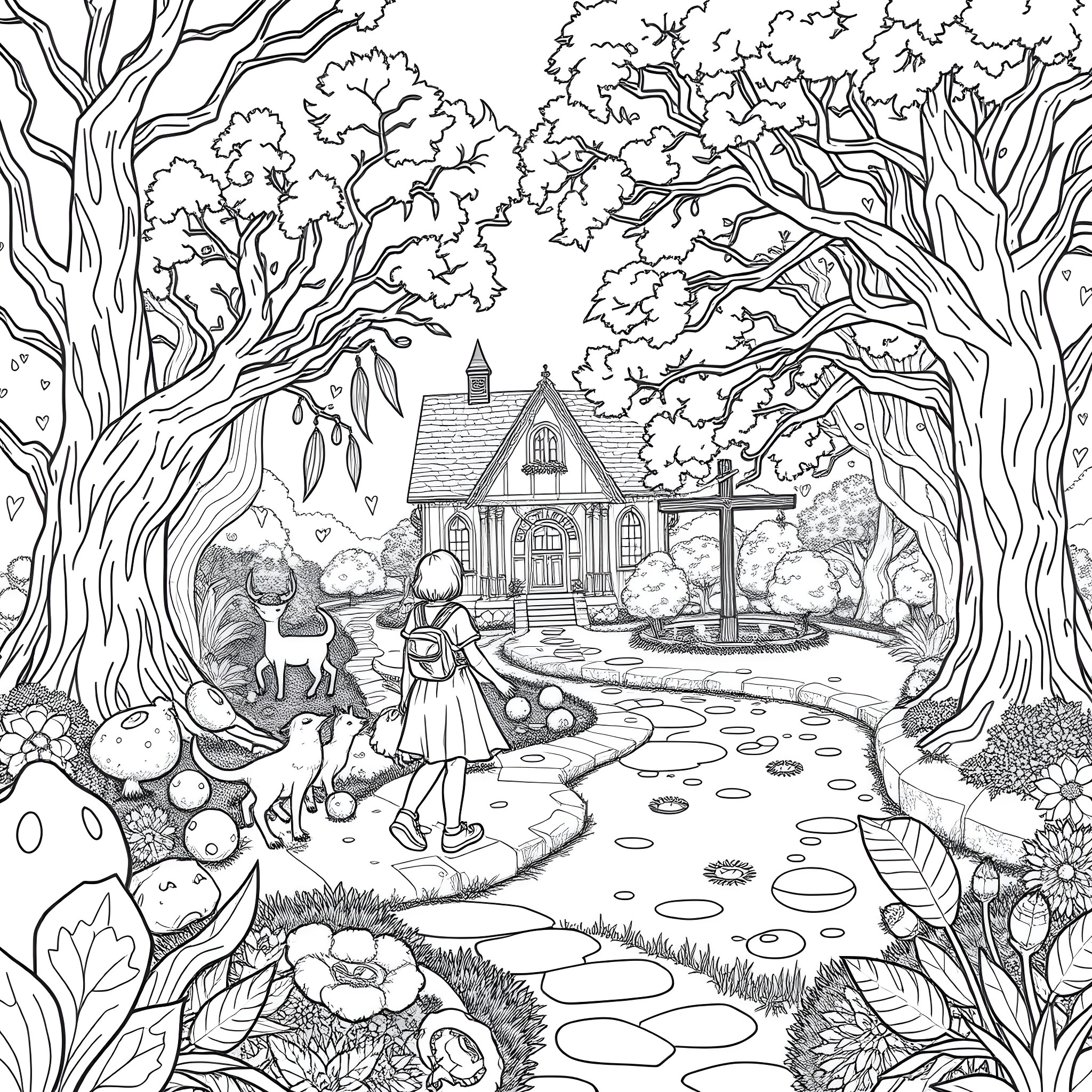 Kendra and Seth explore the enchanted forest trail Coloring Page (free black-and-white line drawing printable PDF for all, from beginners to advanced learners, including children, teens, adults, and seniors)