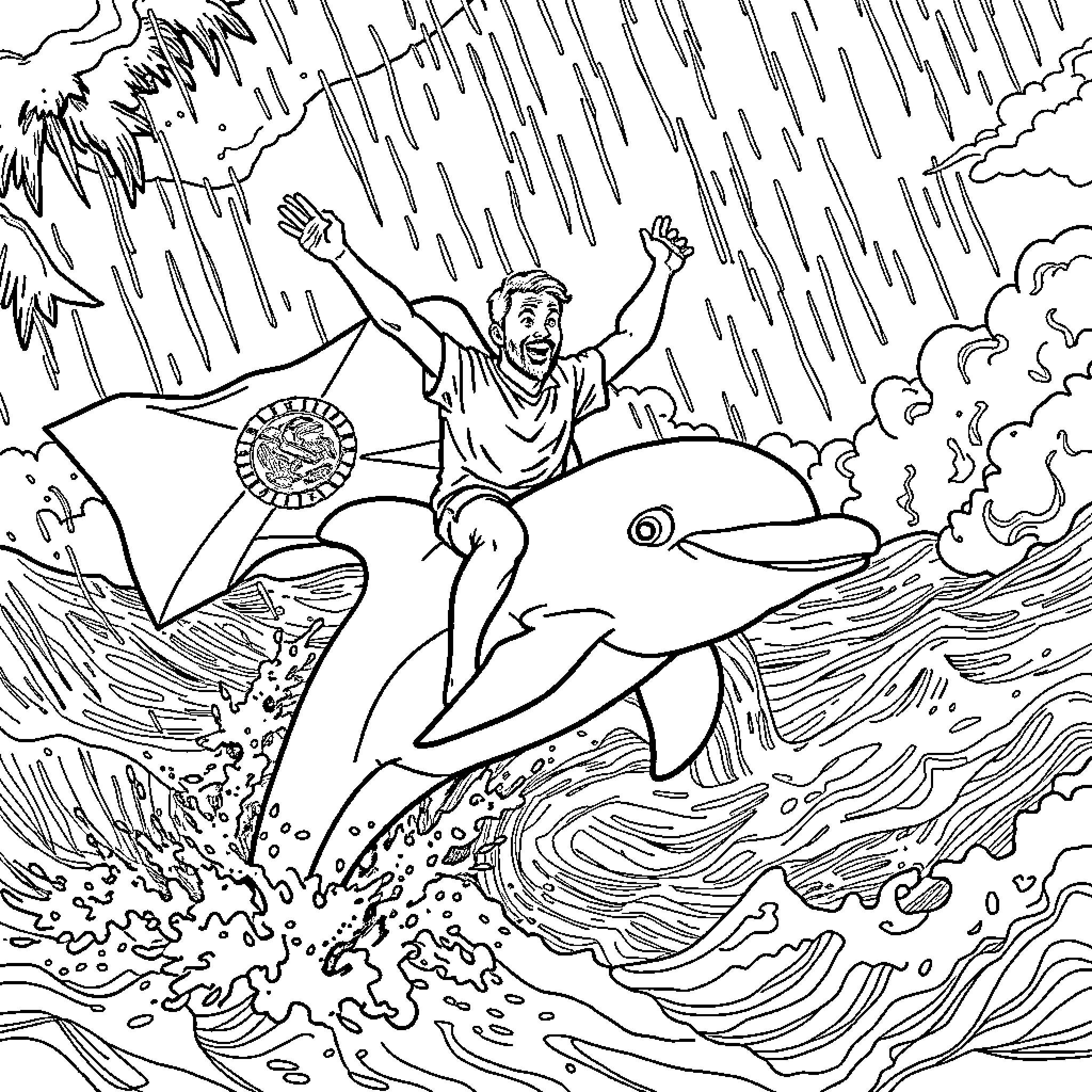 Man riding a dolphin through rough seas Coloring Page (free black-and-white line drawing printable PDF for all, from beginners to advanced learners, including children, teens, adults, and seniors)