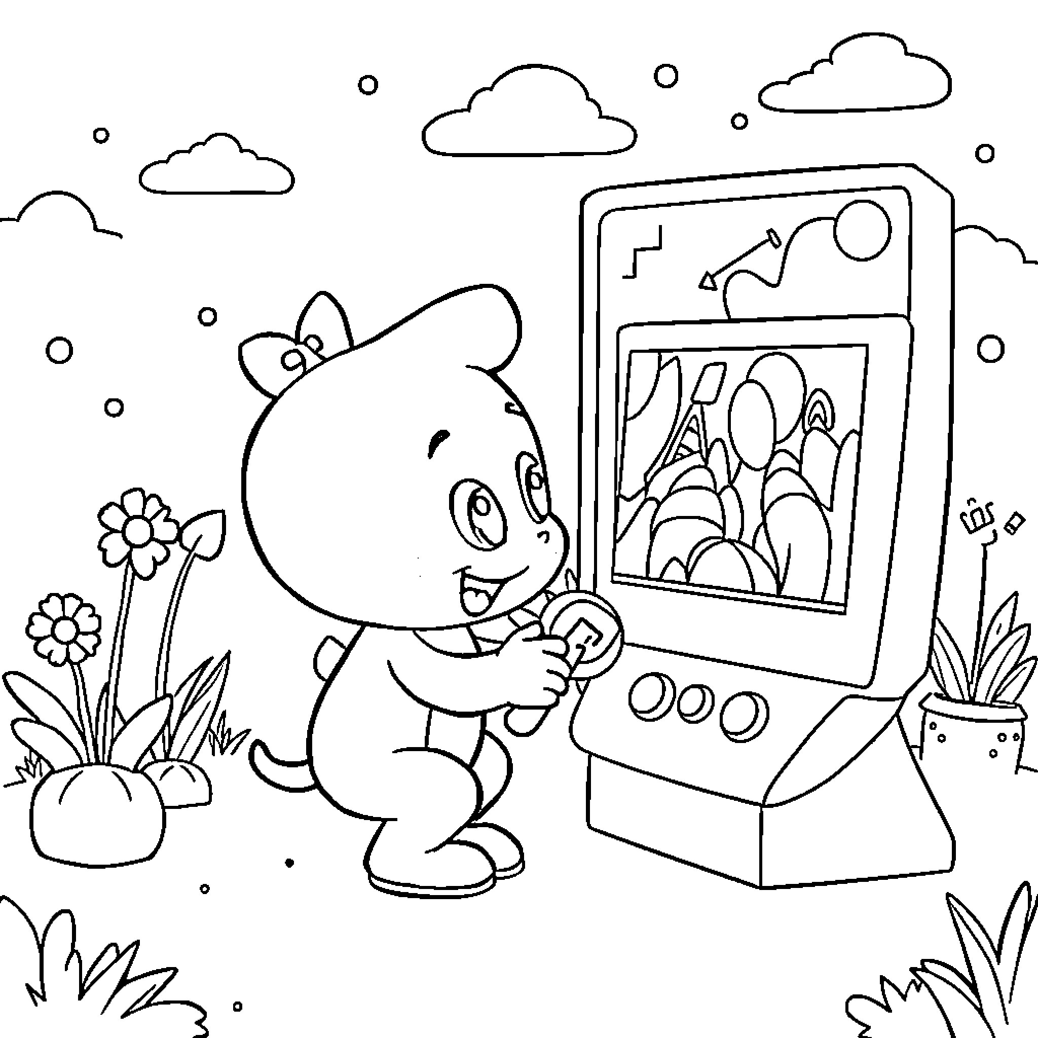 Bluey playing with a video game in the garden Coloring Page (free black-and-white line drawing printable PDF for all, from beginners to advanced learners, including children, teens, adults, and seniors)