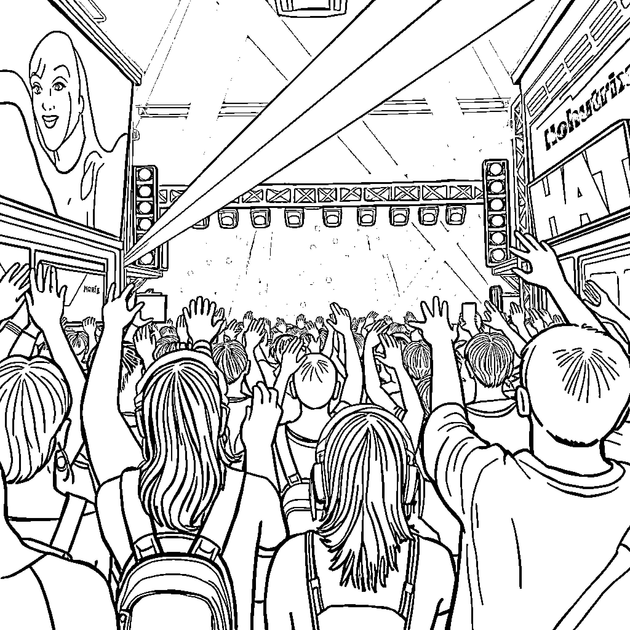 K Pop Concert with Energetic Fans and Performers Coloring Page (free black-and-white line drawing printable PDF for all, from beginners to advanced learners, including children, teens, adults, and seniors)
