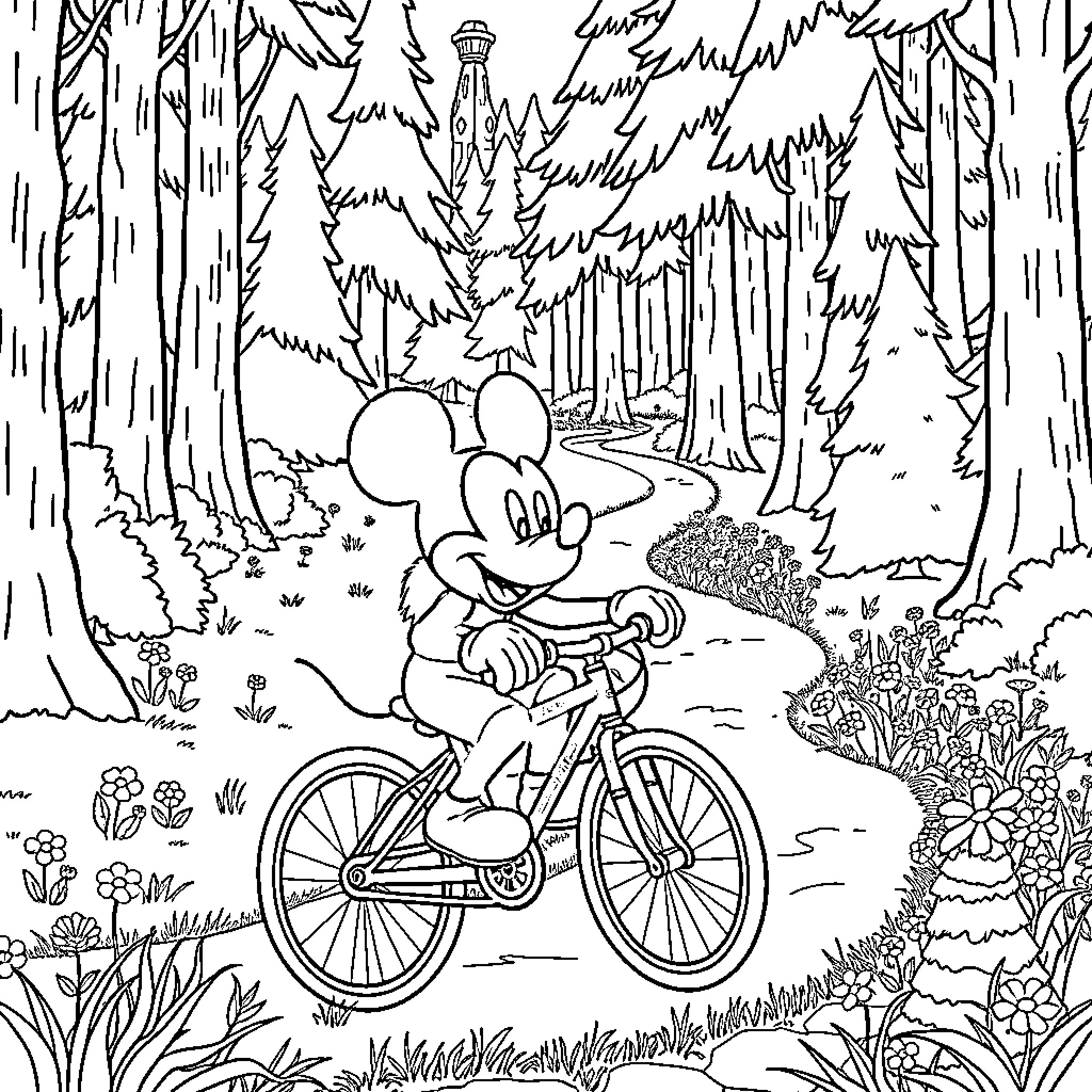 Miki Mouse enjoying a bike ride in the forest Coloring Page (free black-and-white line drawing printable PDF for all, from beginners to advanced learners, including children, teens, adults, and seniors)
