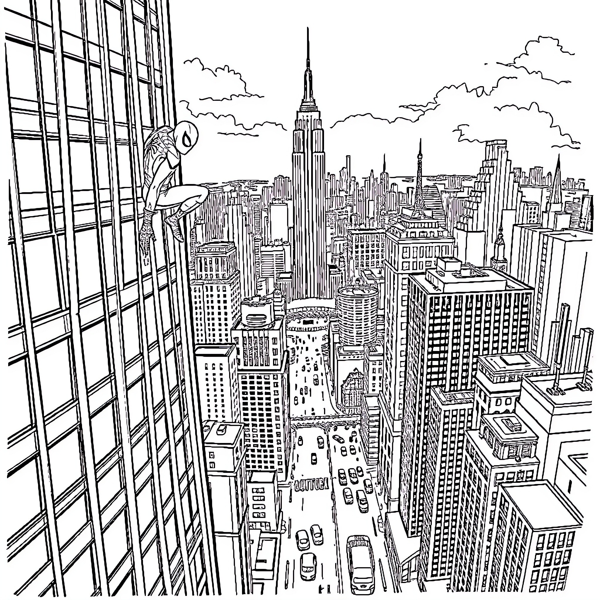 Spider-Man overlooking the bustling cityscape Coloring Page (free black-and-white line drawing printable PDF for all, from beginners to advanced learners, including children, teens, adults, and seniors)