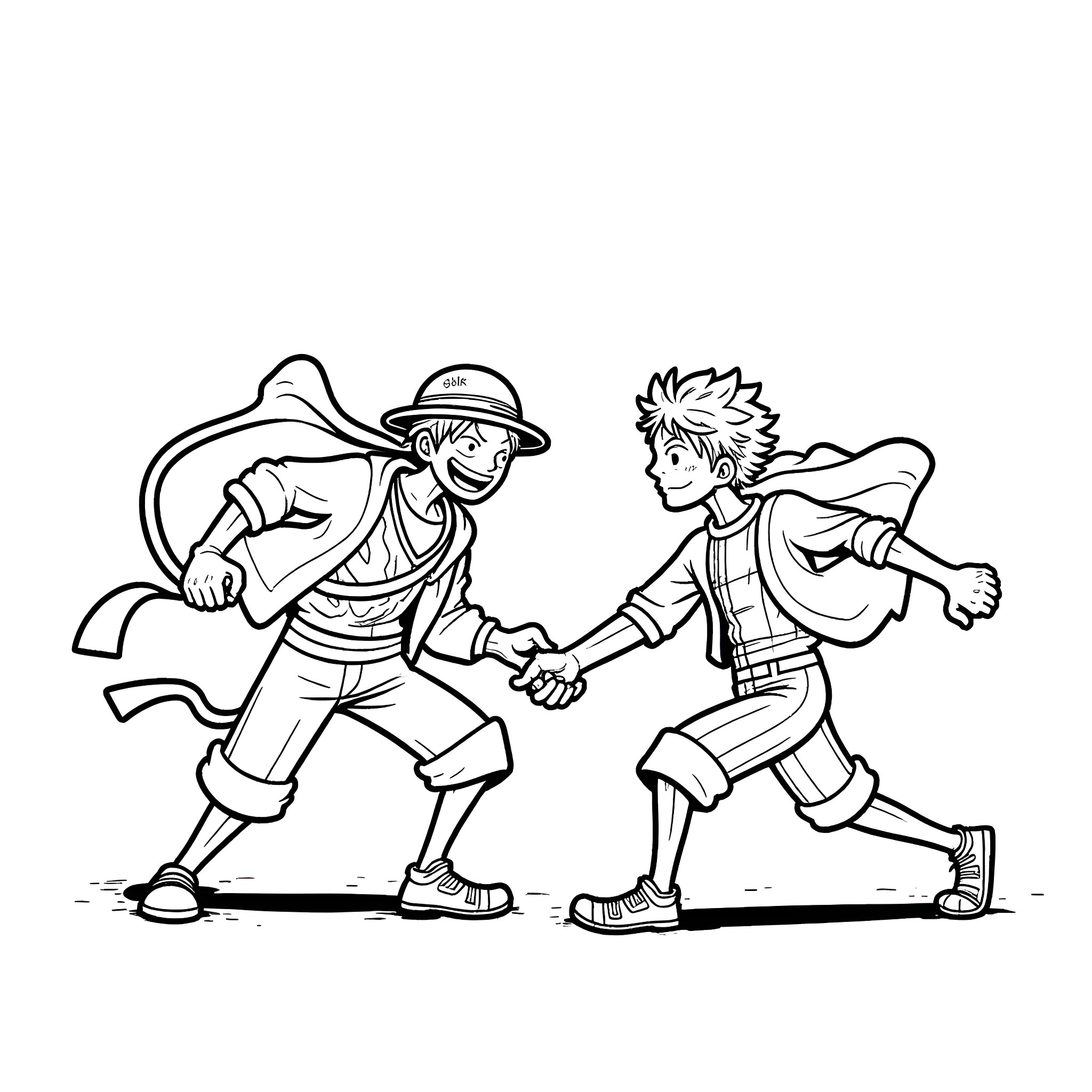 Luffy and Natsu Fighting in Anime Style Coloring Page (free black-and-white line drawing printable PDF for all, from beginners to advanced learners, including children, teens, adults, and seniors)
