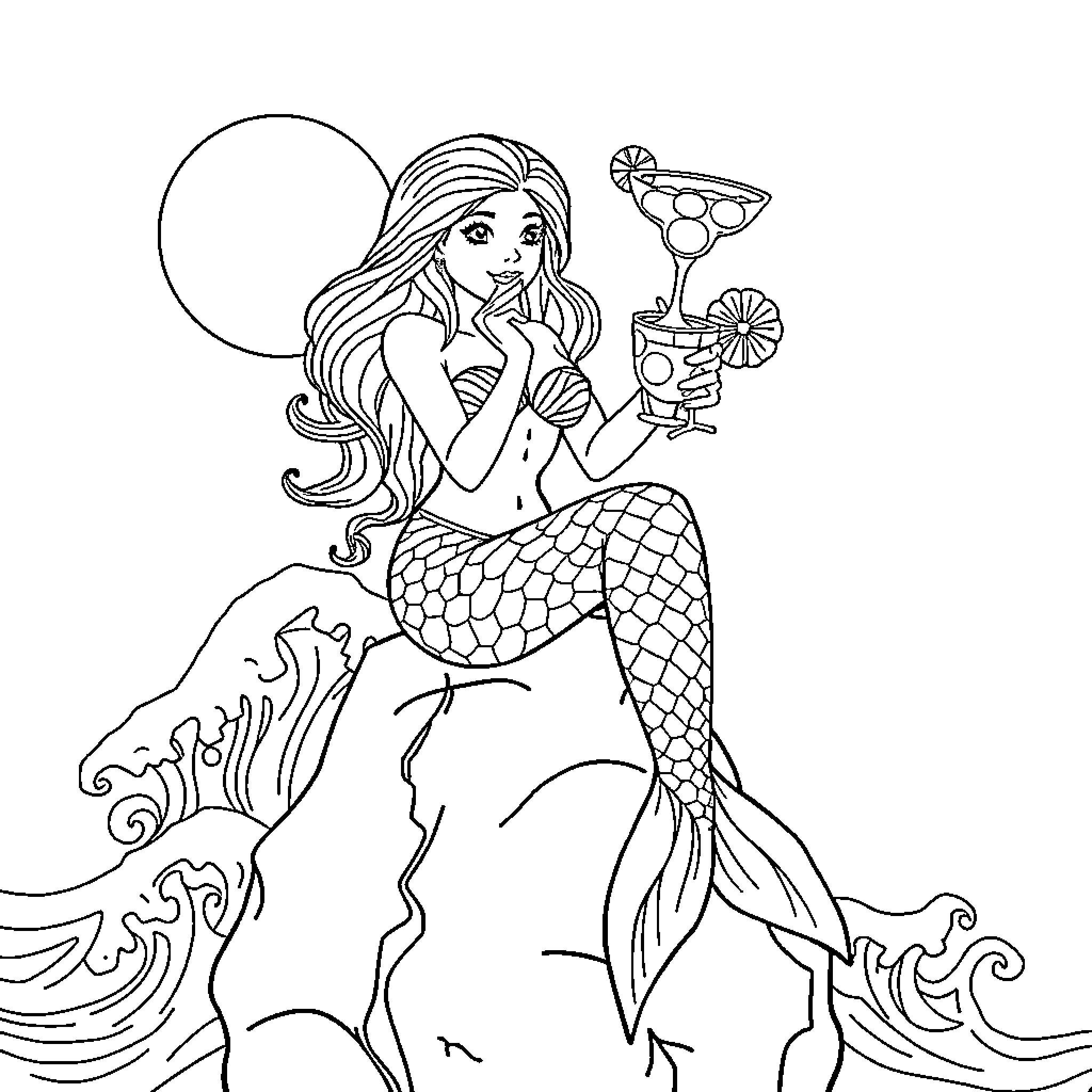 Mermaid relaxing with tropical drink Coloring Page (free black-and-white line drawing printable PDF for all, from beginners to advanced learners, including children, teens, adults, and seniors)