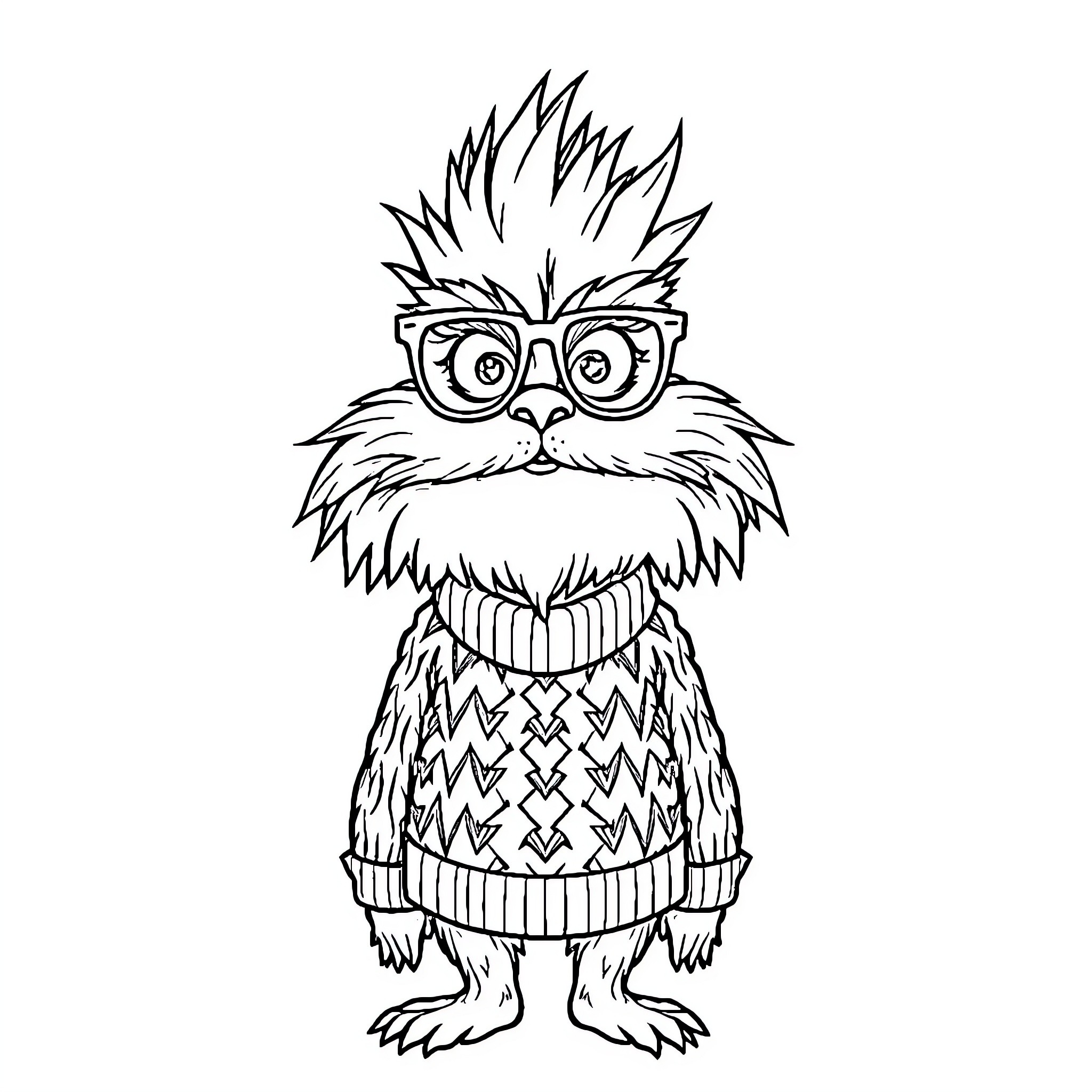 Lorax wearing glasses and sweater Coloring Page (free black-and-white line drawing printable PDF for all, from beginners to advanced learners, including children, teens, adults, and seniors)