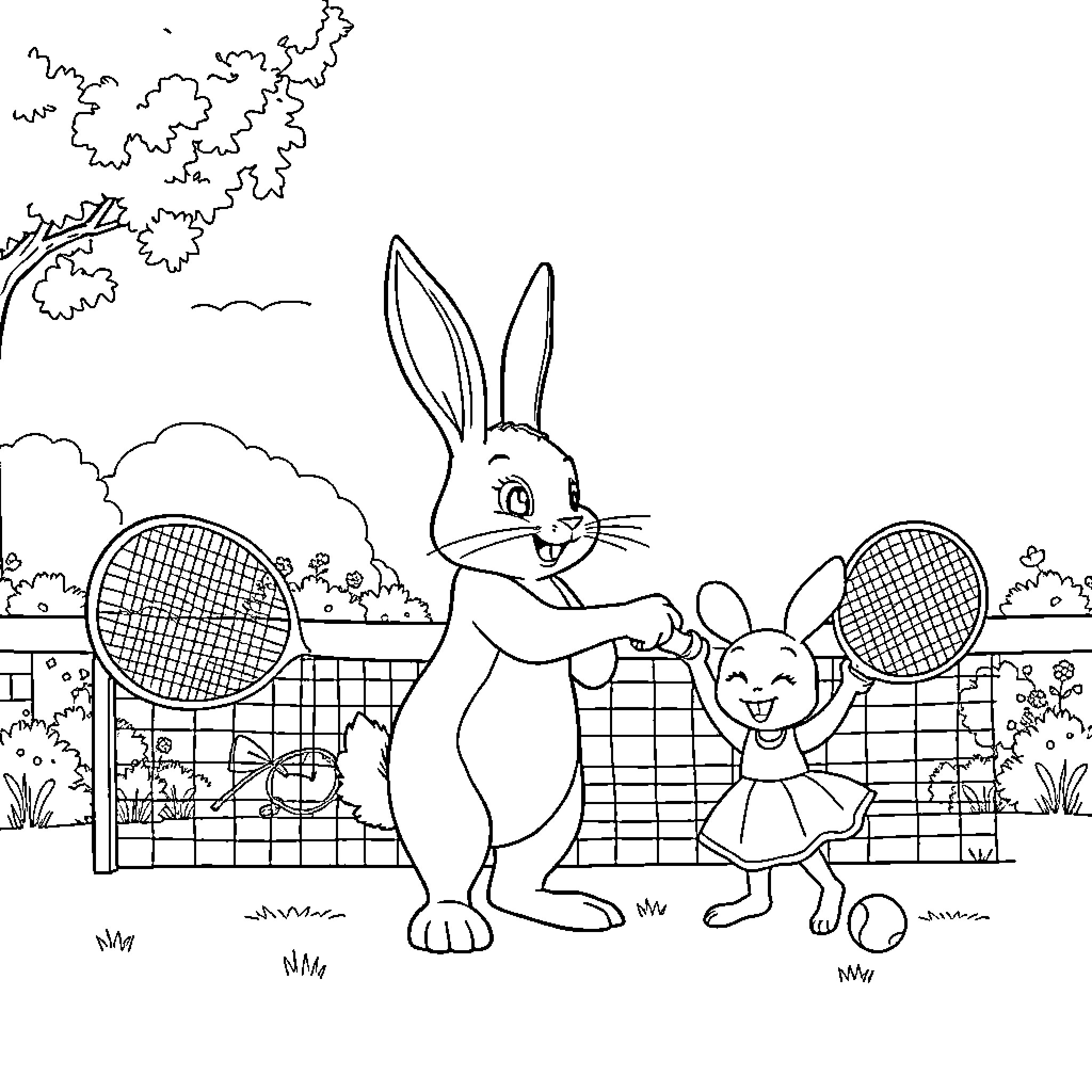 Rabbits playing tennis on the court Coloring Page (free black-and-white line drawing printable PDF for all, from beginners to advanced learners, including children, teens, adults, and seniors)