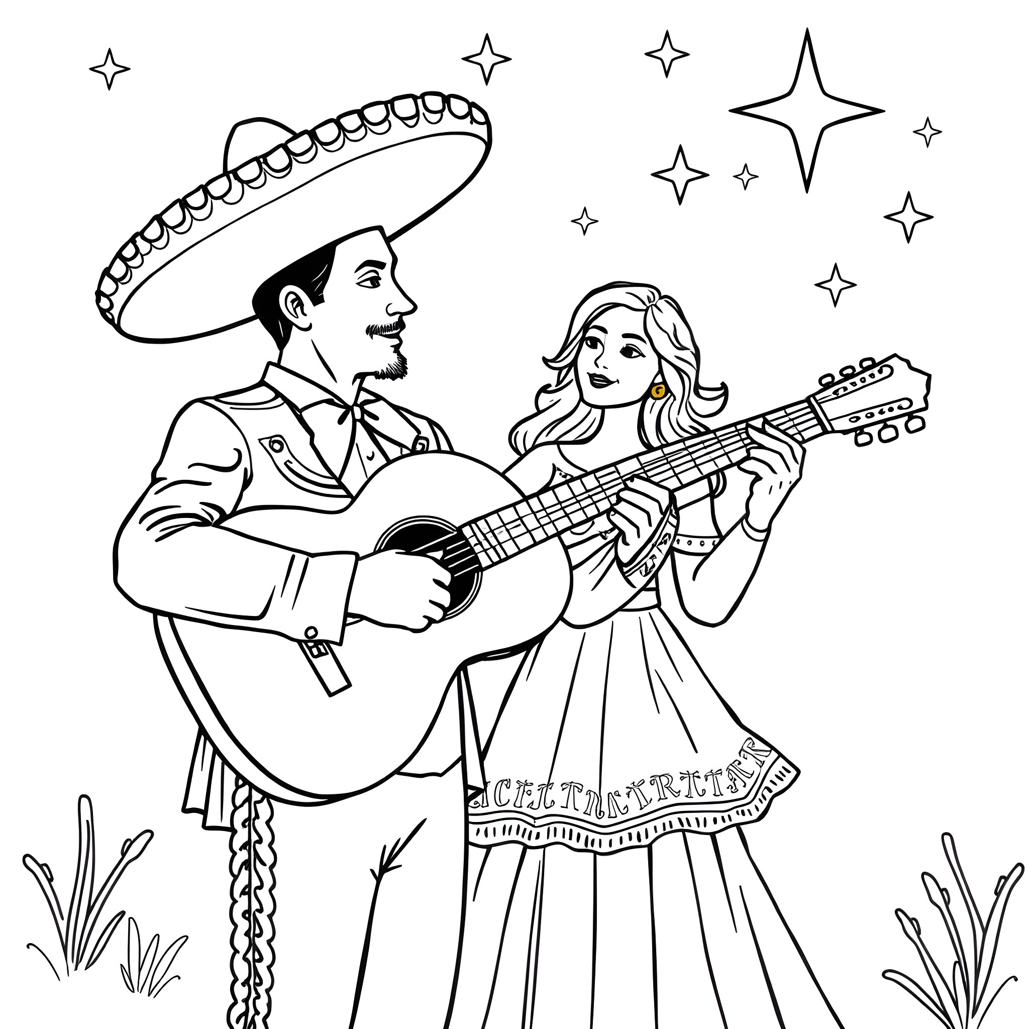 Charro mariachi couple performing with guitar Coloring Page (free black-and-white line drawing printable PDF for all, from beginners to advanced learners, including children, teens, adults, and seniors)