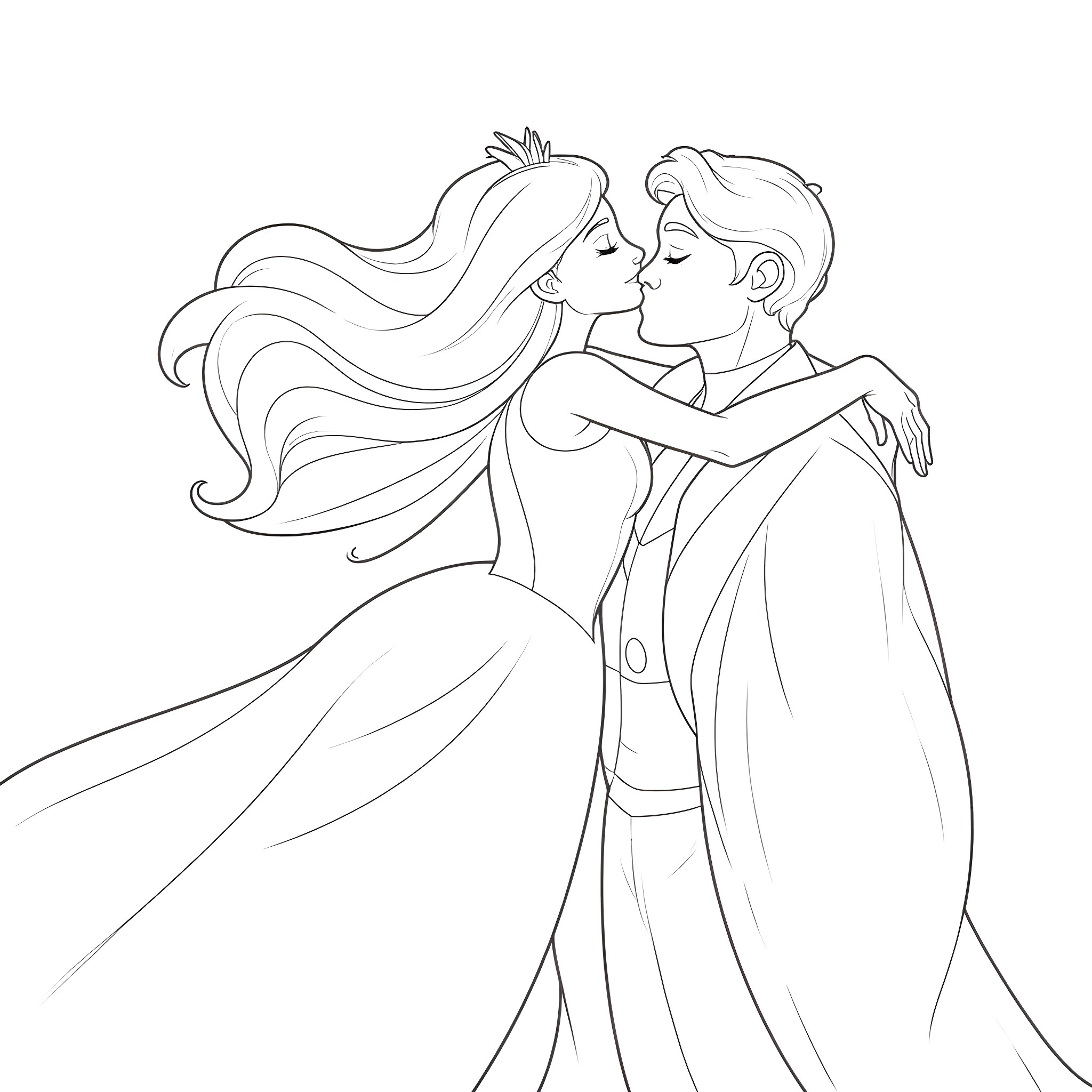Princess Sharing a Romantic Moment with Her Prince Coloring Page (free black-and-white line drawing printable PDF for all, from beginners to advanced learners, including children, teens, adults, and seniors)