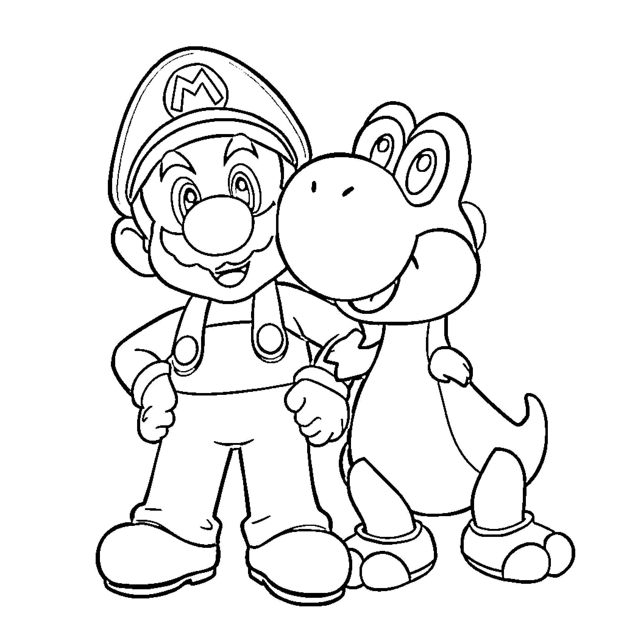 Mario and Yoshi in action Coloring Page (free black-and-white line drawing printable PDF for all, from beginners to advanced learners, including children, teens, adults, and seniors)