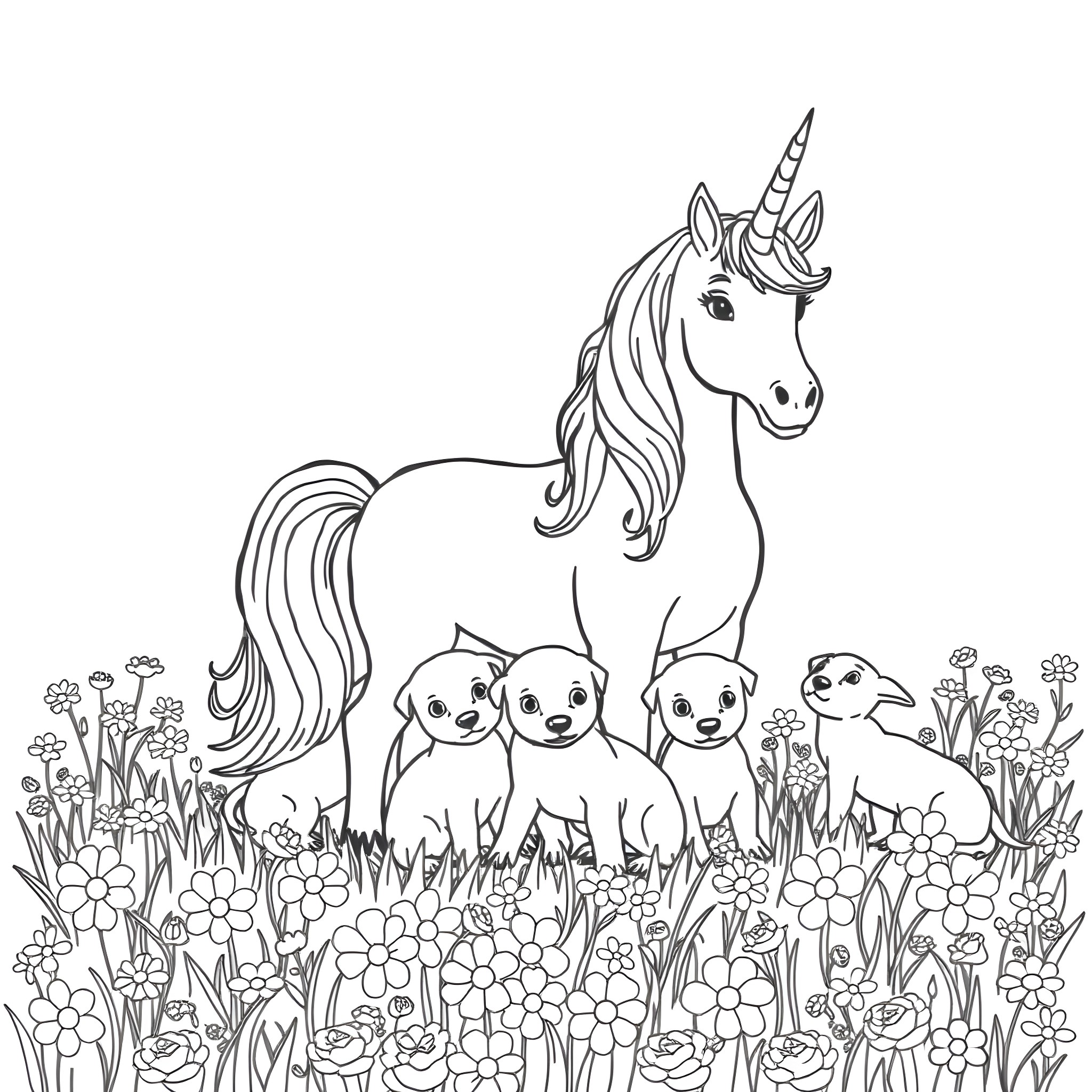 Unicorn and Puppies in a Floral Garden Coloring Page (free black-and-white line drawing printable PDF for all, from beginners to advanced learners, including children, teens, adults, and seniors)