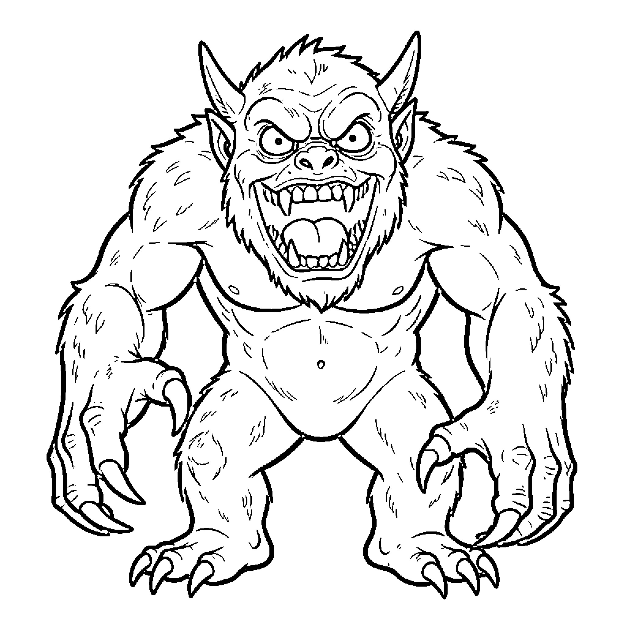 Monster roaring fiercely with claws outstretched Coloring Page (free black-and-white line drawing printable PDF for all, from beginners to advanced learners, including children, teens, adults, and seniors)