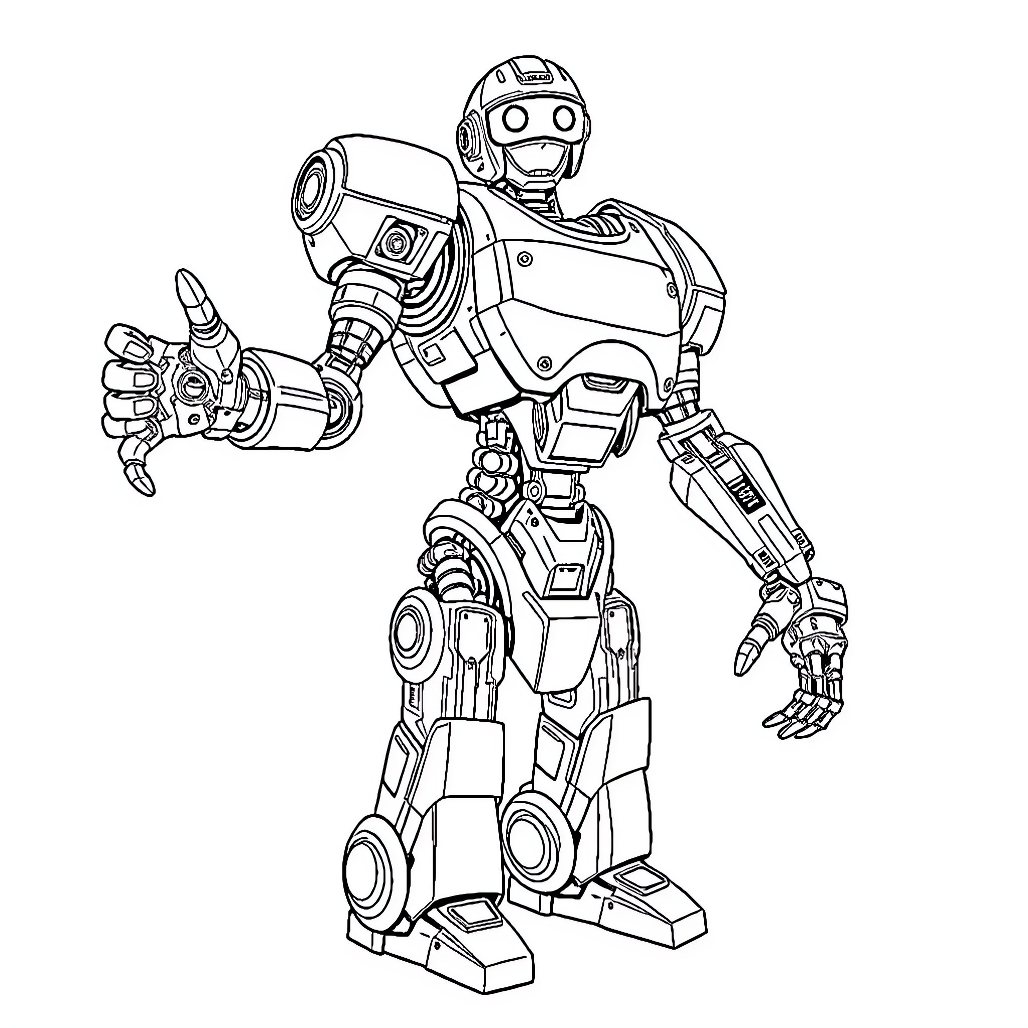 Robot with mechanical arms and weapons Coloring Page (free black-and-white line drawing printable PDF for all, from beginners to advanced learners, including children, teens, adults, and seniors)