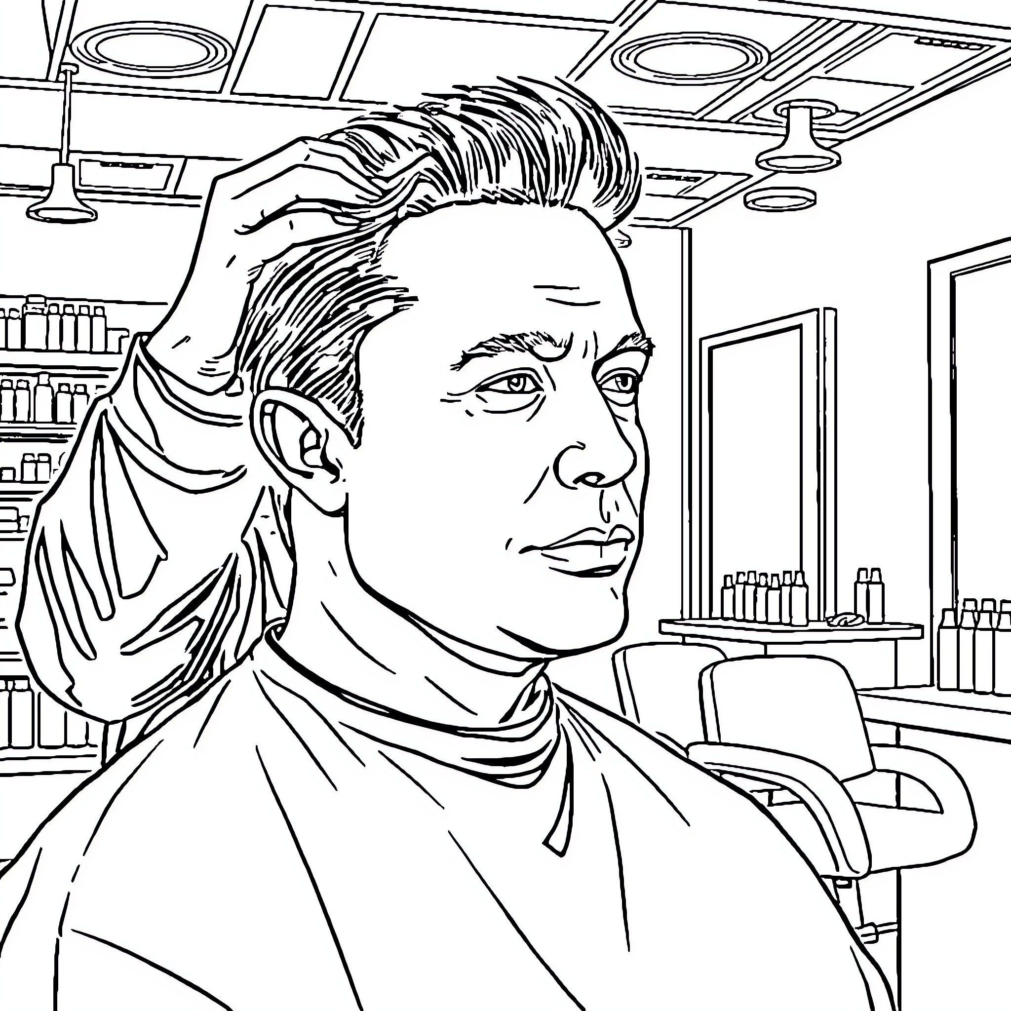 Elon Musk contemplating in his office Coloring Page (free black-and-white line drawing printable PDF for all, from beginners to advanced learners, including children, teens, adults, and seniors)
