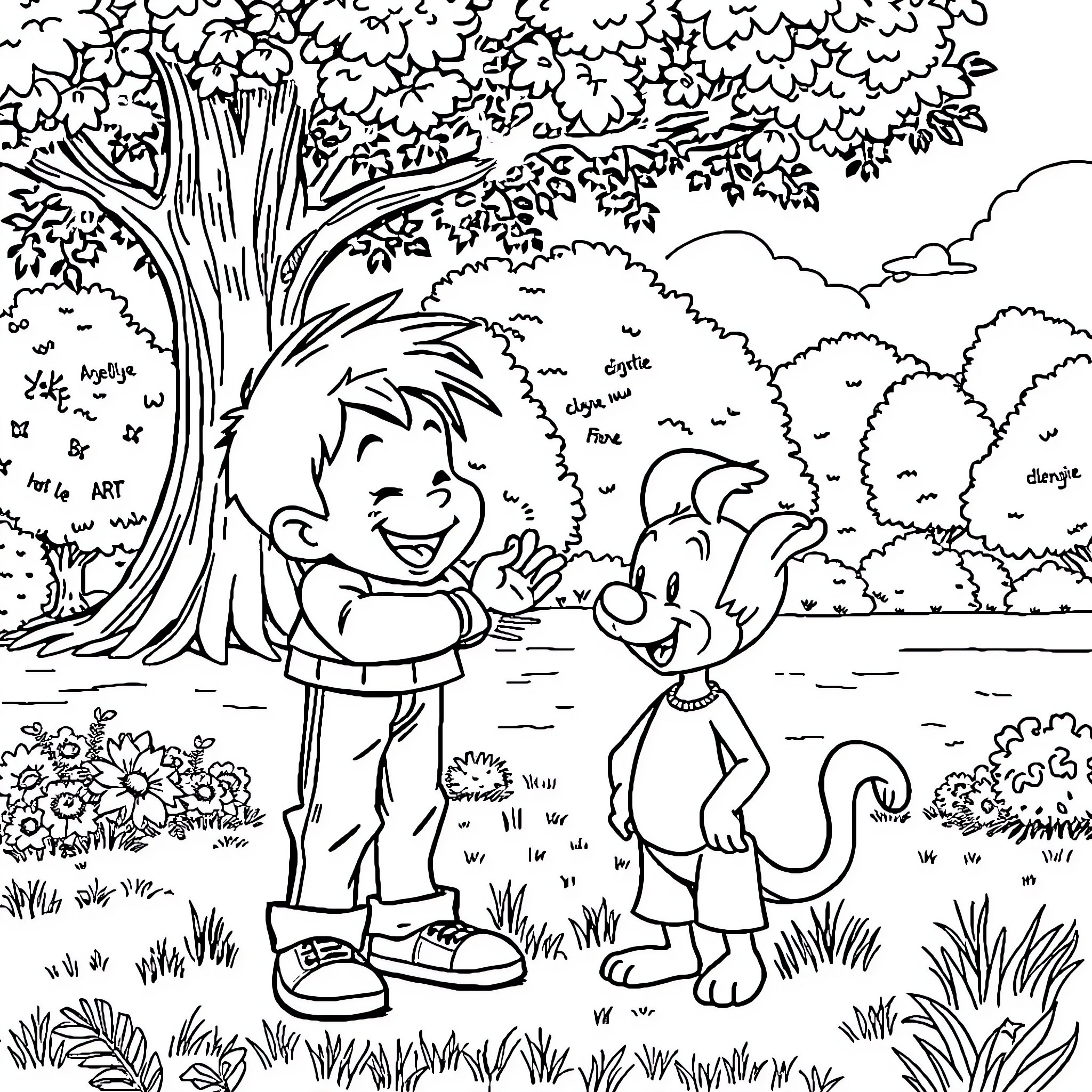 Angelo Playing with His Pet in the Enchanting Outdoors Coloring Page (free black-and-white line drawing printable PDF for all, from beginners to advanced learners, including children, teens, adults, and seniors)