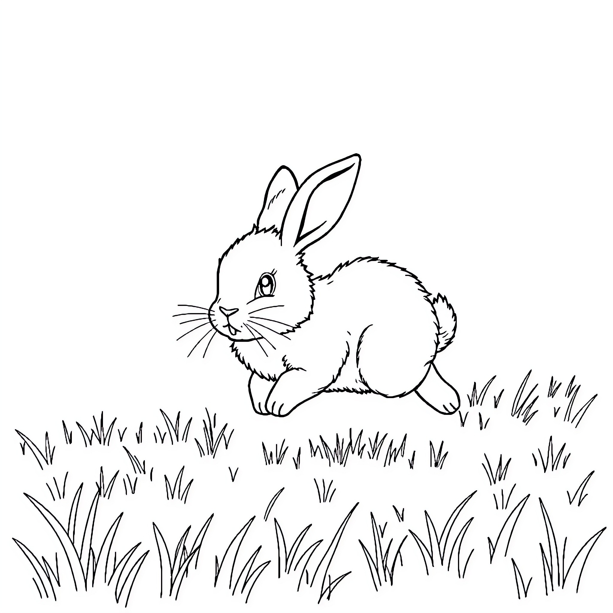 Rabbit hopping through a grassy field Coloring Page (free black-and-white line drawing printable PDF for all, from beginners to advanced learners, including children, teens, adults, and seniors)