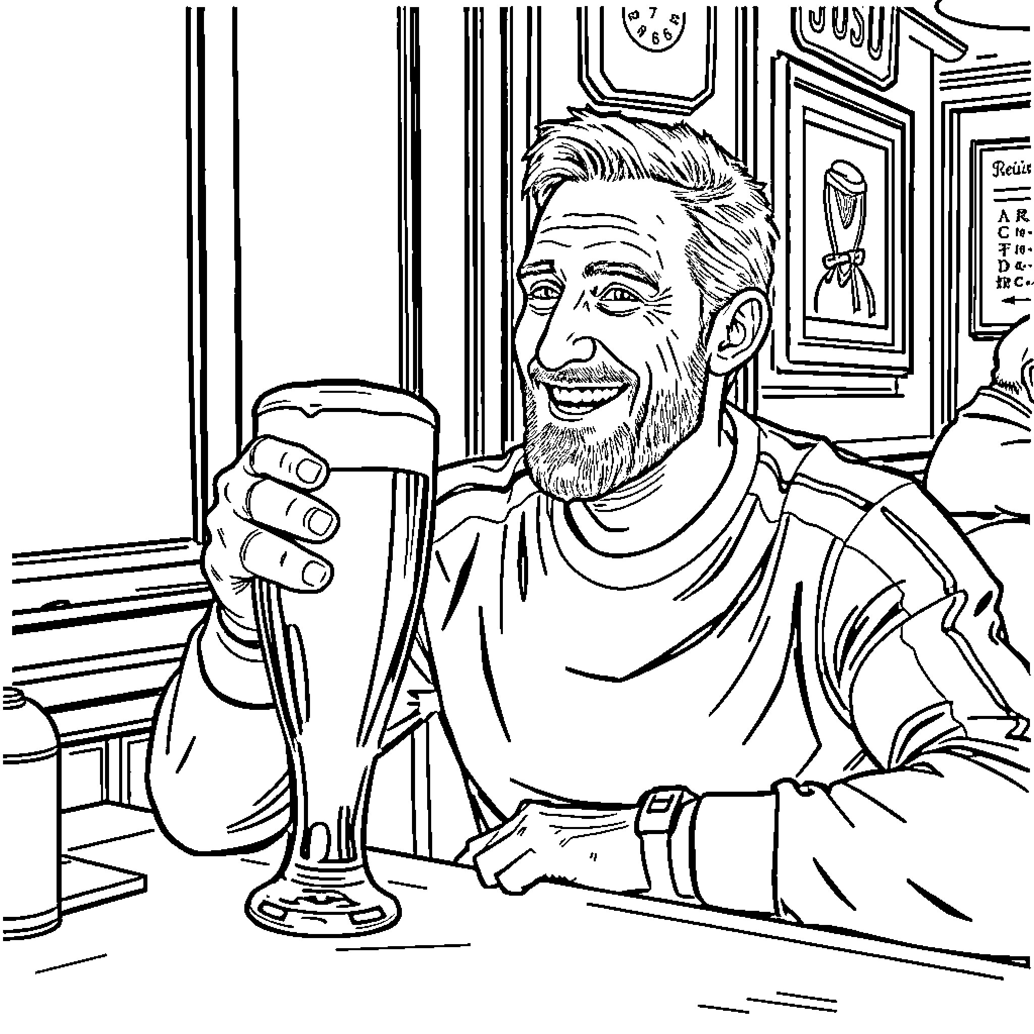 Henrik Larsson Enjoying a Pint in a Cozy Pub Coloring Page (free black-and-white line drawing printable PDF for all, from beginners to advanced learners, including children, teens, adults, and seniors)
