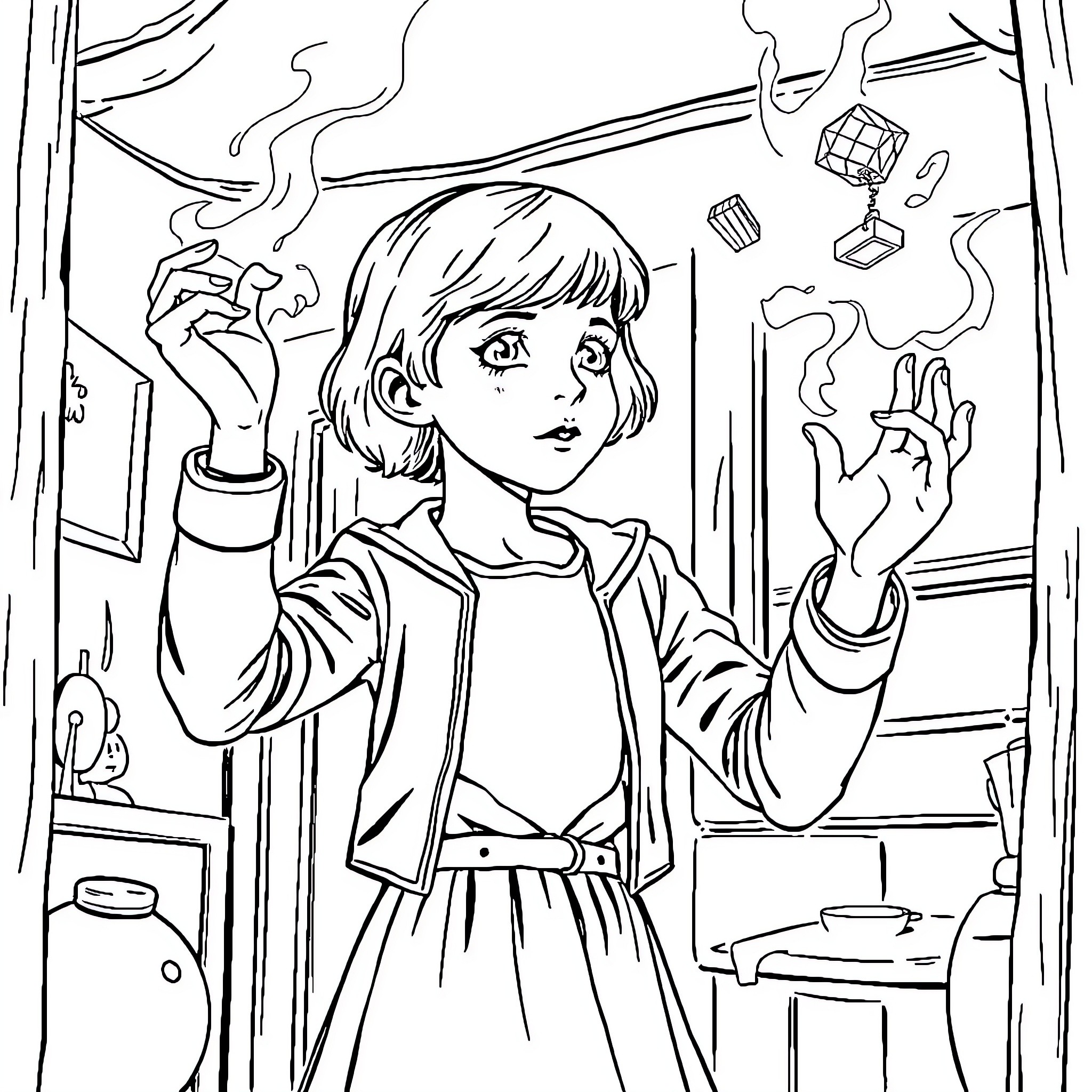 Eleven's Emotional Turmoil in Mysterious Setting Coloring Page (free black-and-white line drawing printable PDF for all, from beginners to advanced learners, including children, teens, adults, and seniors)