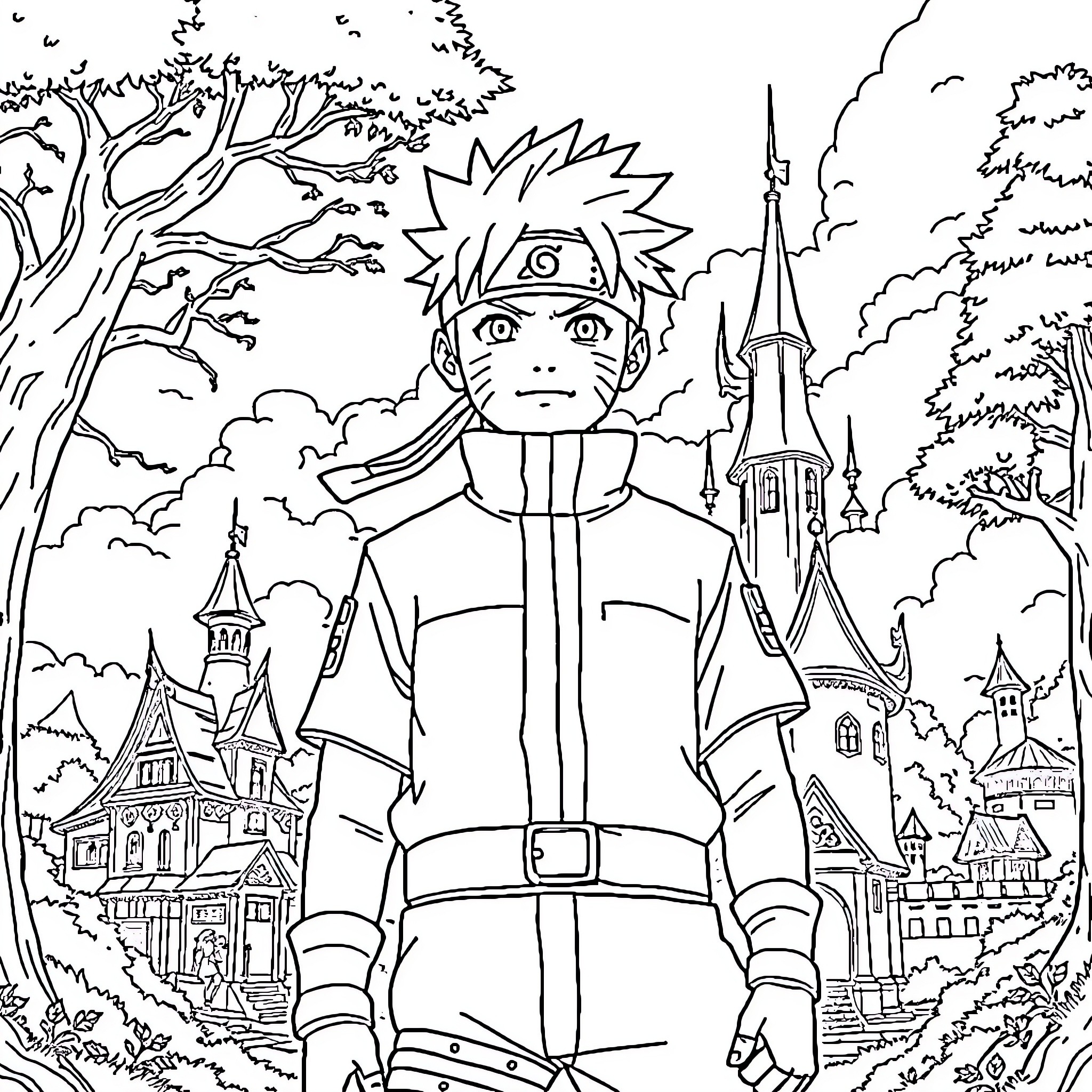Naruto in a fantastical ninja adventure Coloring Page (free black-and-white line drawing printable PDF for all, from beginners to advanced learners, including children, teens, adults, and seniors)