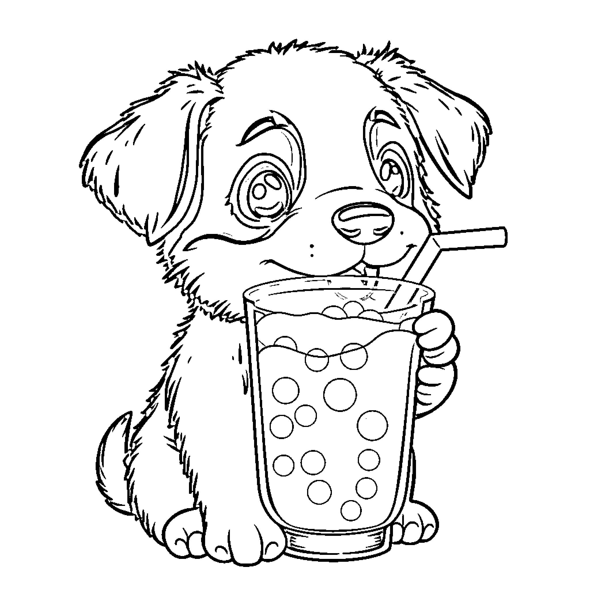 Puppy enjoying a refreshing drink Coloring Page (free black-and-white line drawing printable PDF for all, from beginners to advanced learners, including children, teens, adults, and seniors)