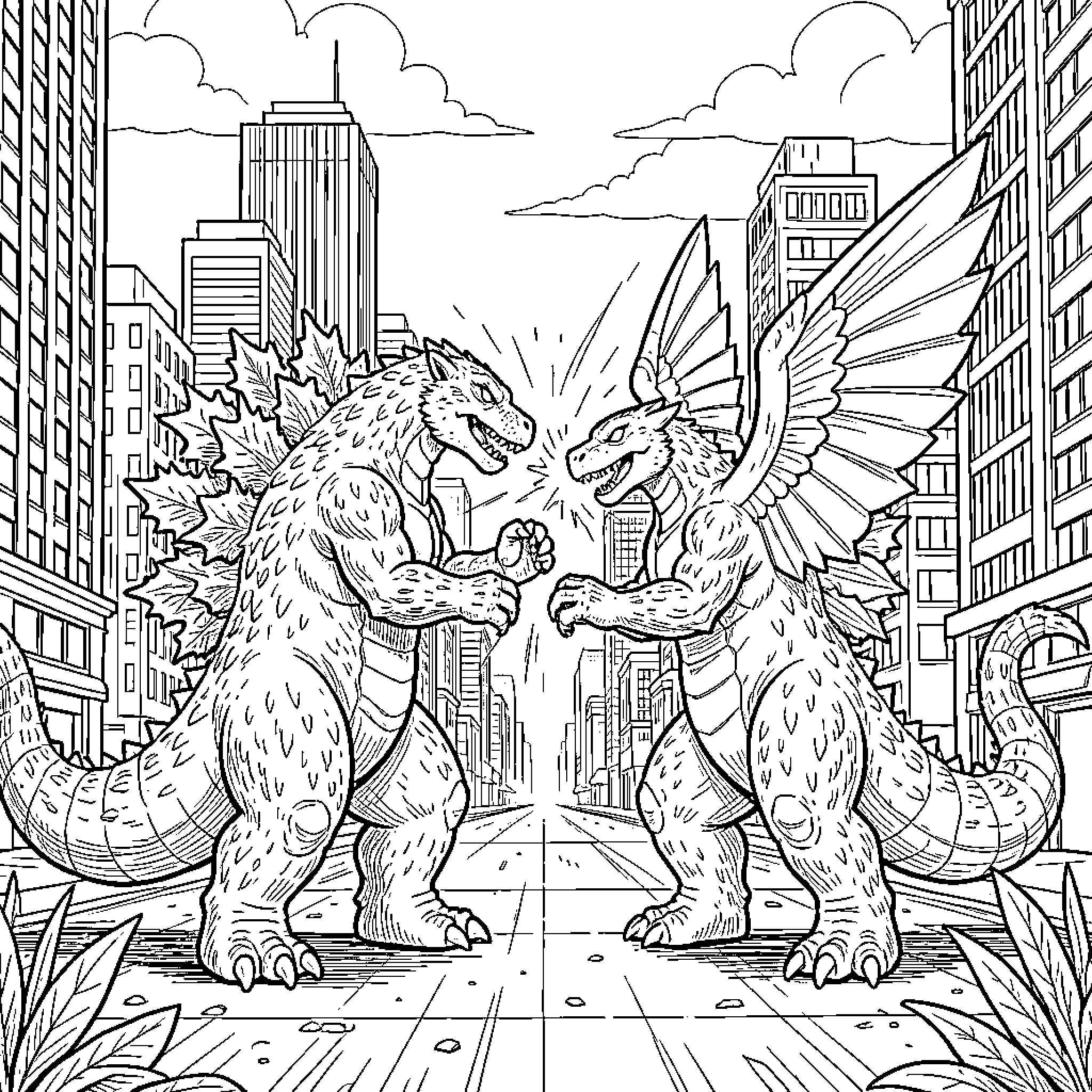 Godzilla facing off against a winged creature in a city Coloring Page (free black-and-white line drawing printable PDF for all, from beginners to advanced learners, including children, teens, adults, and seniors)