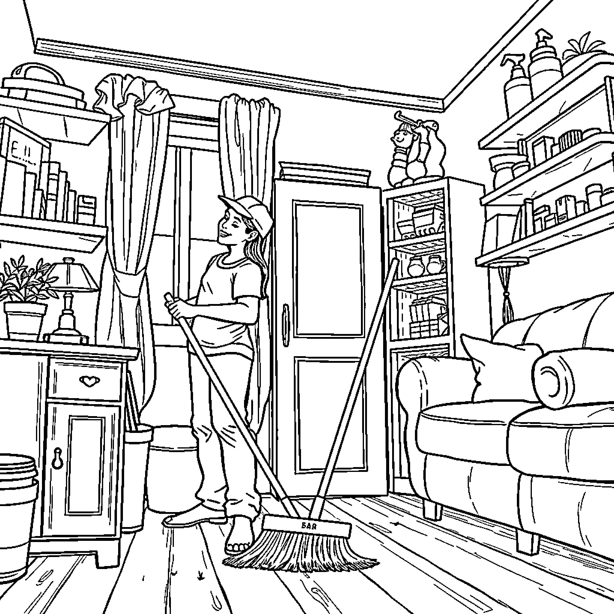 Filipino man cleaning and organizing his home Coloring Page (free black-and-white line drawing printable PDF for all, from beginners to advanced learners, including children, teens, adults, and seniors)