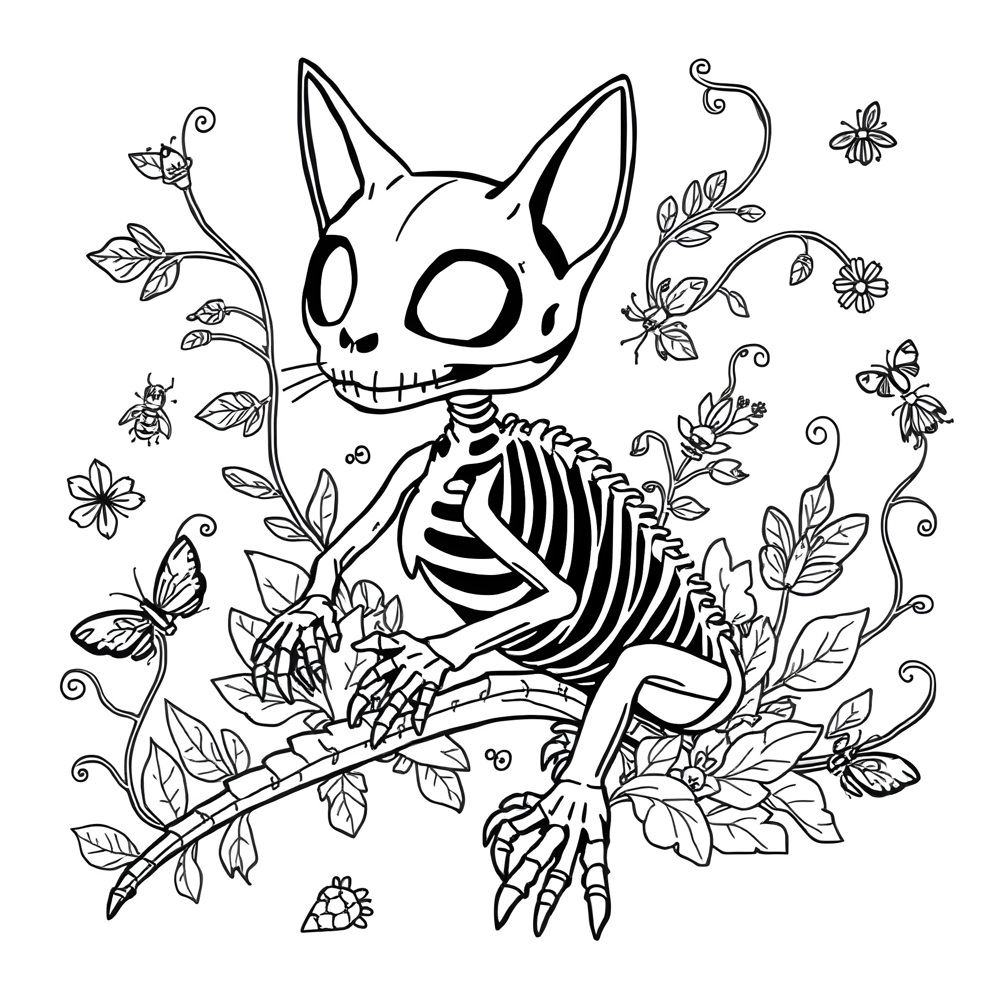 Skeleton Cat's Spooky Floral Adventure Coloring Page (free black-and-white line drawing printable PDF for all, from beginners to advanced learners, including children, teens, adults, and seniors)