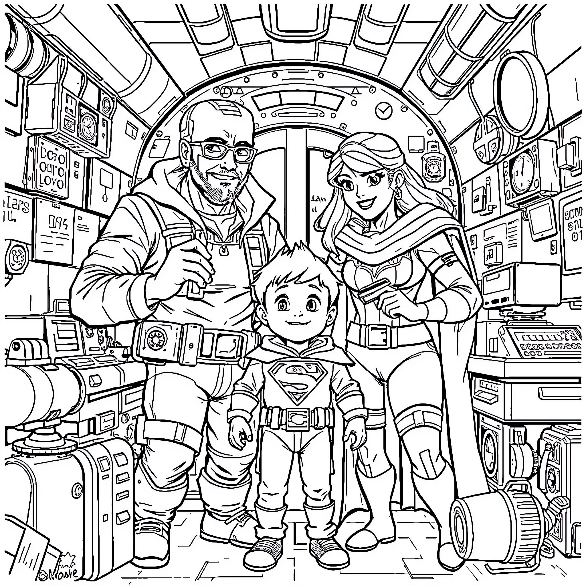 Superhero Family Exploring Futuristic Spacecraft Coloring Page (free black-and-white line drawing printable PDF for all, from beginners to advanced learners, including children, teens, adults, and seniors)