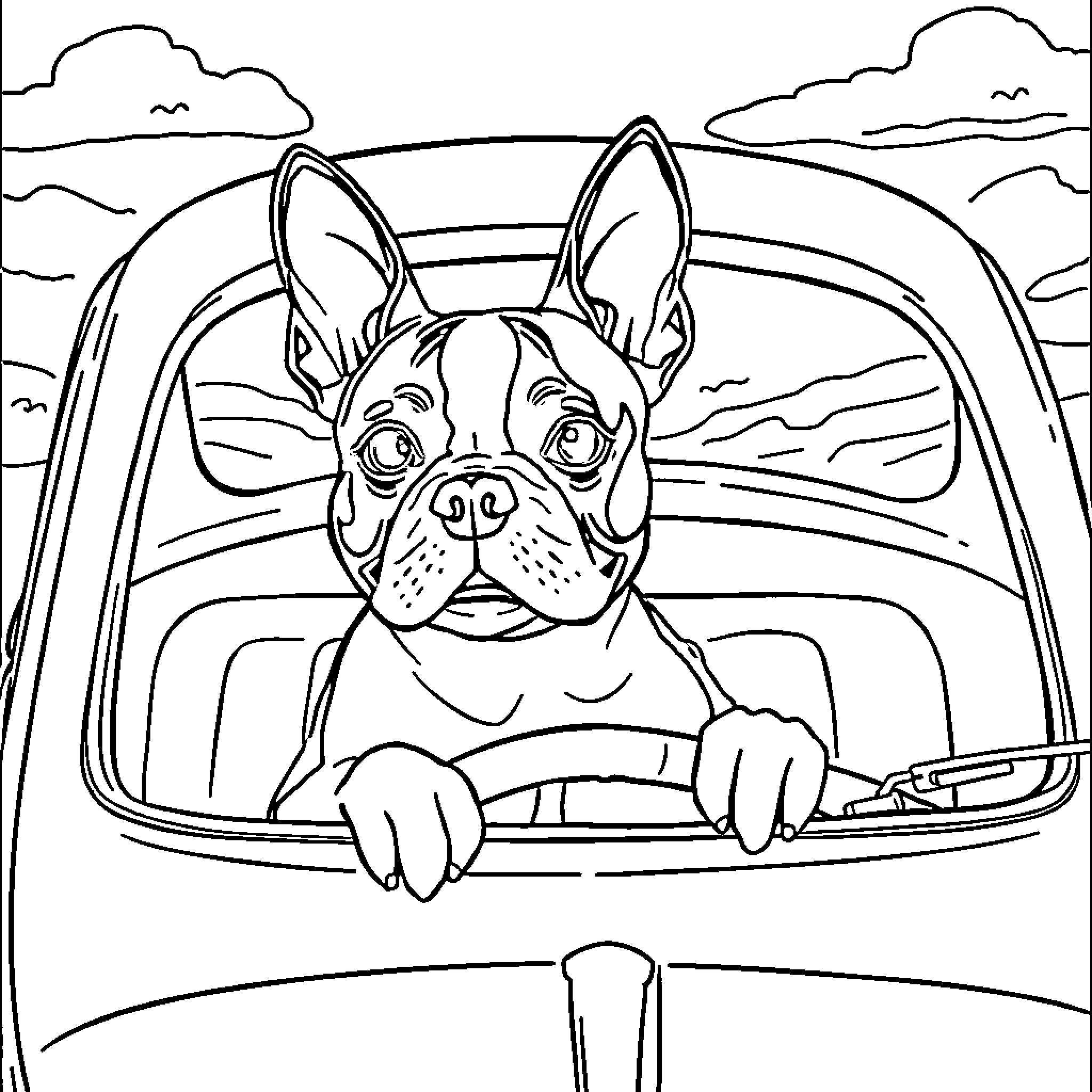 Boston Terrier enjoying a road trip Coloring Page (free black-and-white line drawing printable PDF for all, from beginners to advanced learners, including children, teens, adults, and seniors)