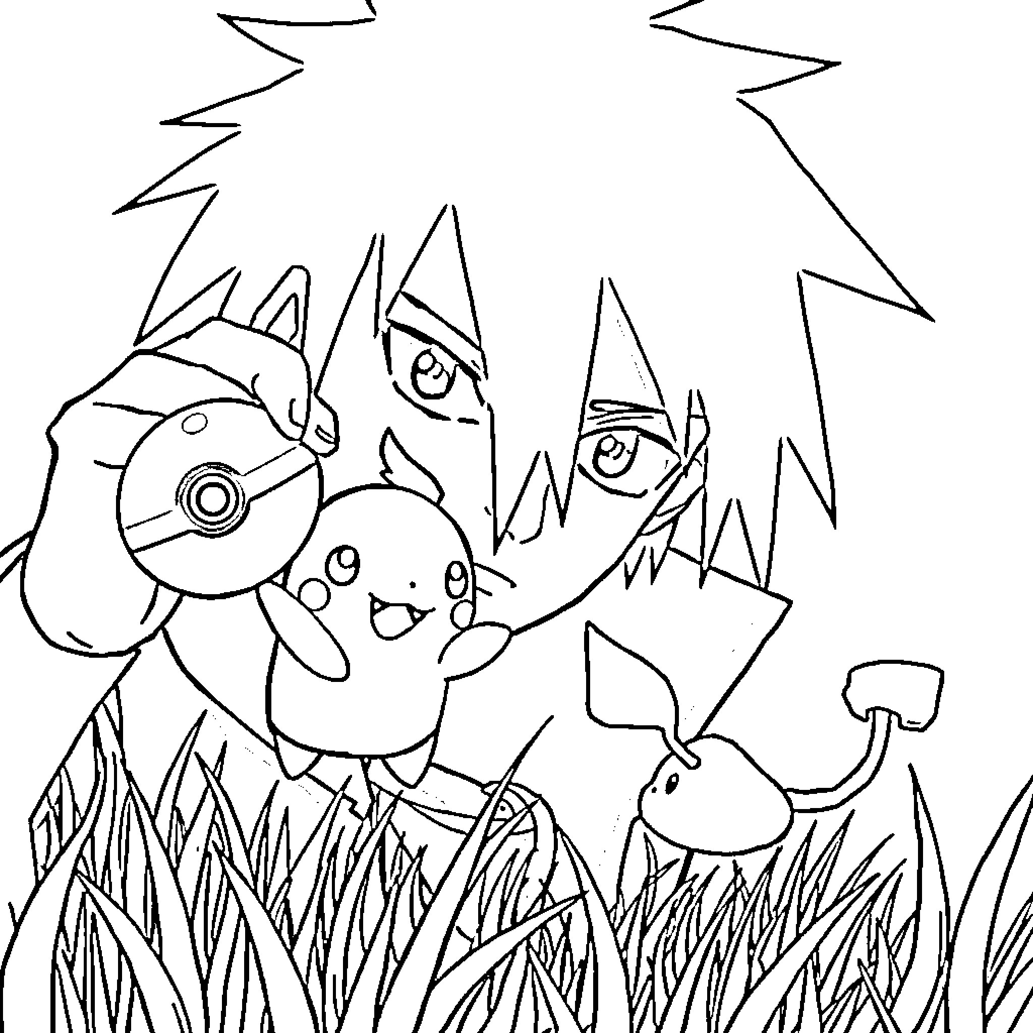 Sasuke Uchiha and Pokemon characters in a nature setting Coloring Page (free black-and-white line drawing printable PDF for all, from beginners to advanced learners, including children, teens, adults, and seniors)
