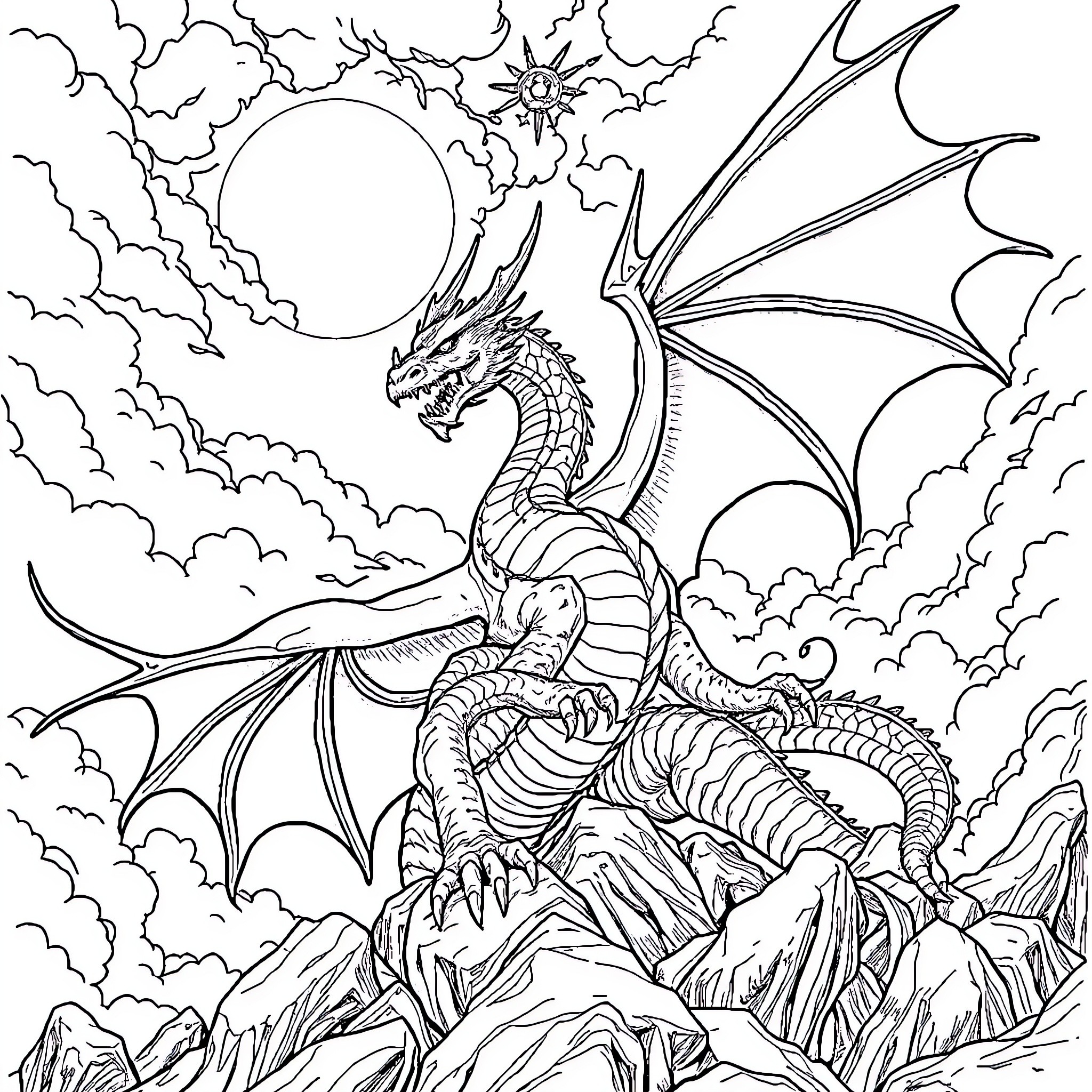 Ur Dragon soaring amidst cloudy skies and sunlight Coloring Page (free black-and-white line drawing printable PDF for all, from beginners to advanced learners, including children, teens, adults, and seniors)