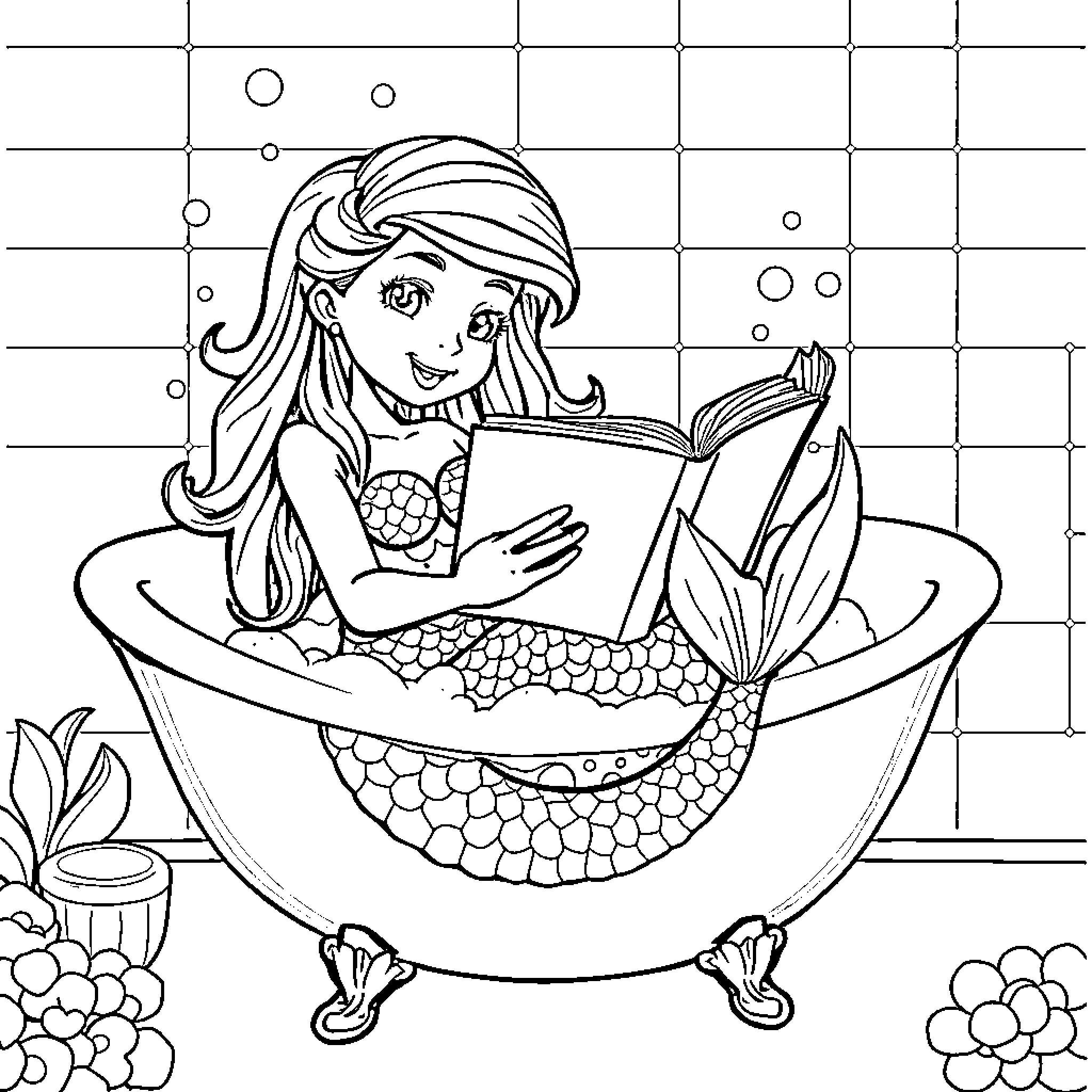 Mermaid reading a book in a bathtub Coloring Page (free black-and-white line drawing printable PDF for all, from beginners to advanced learners, including children, teens, adults, and seniors)