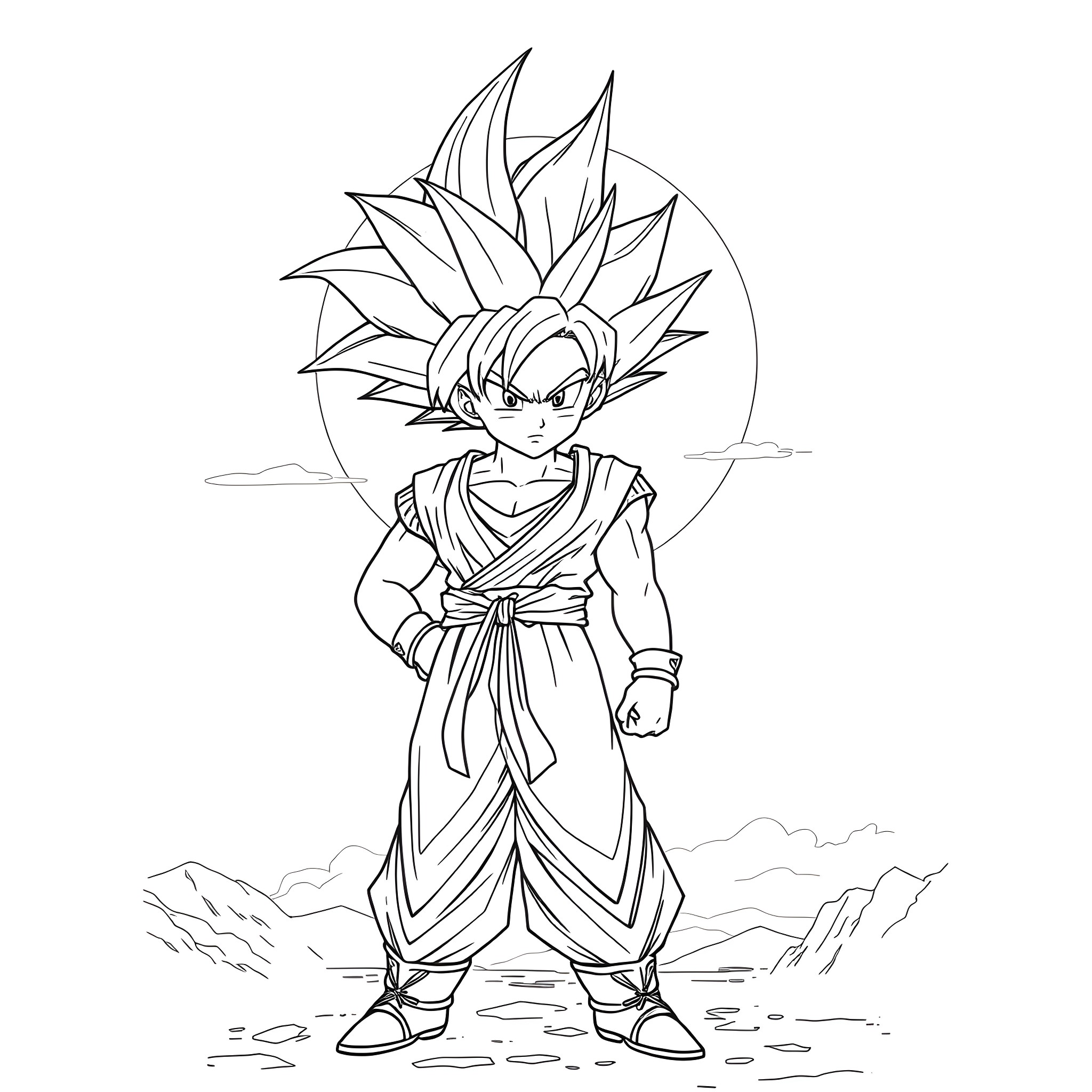 Goku powering up in a fierce stance Coloring Page (free black-and-white line drawing printable PDF for all, from beginners to advanced learners, including children, teens, adults, and seniors)