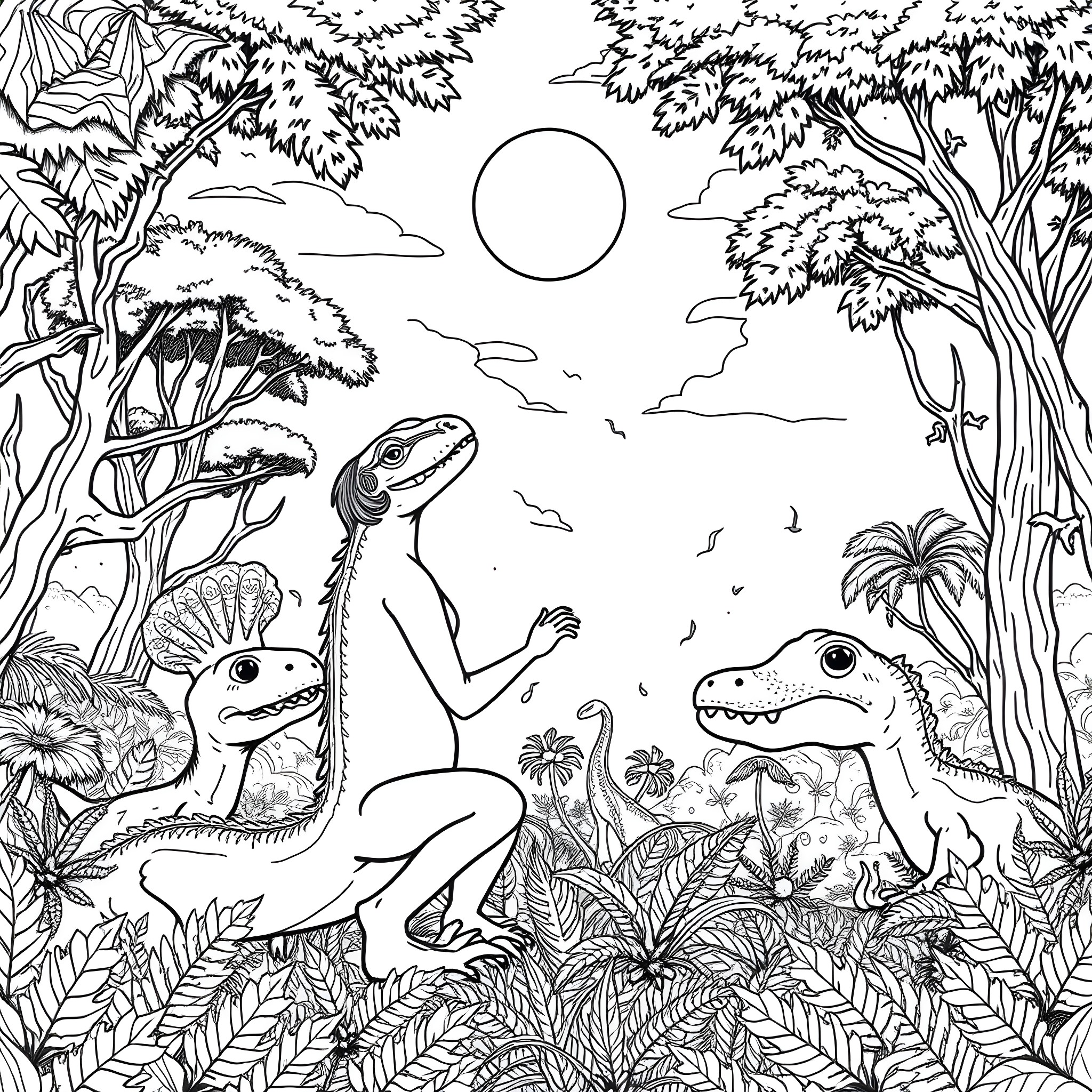 Lizard Creatures Exploring the Mysterious Jungle Landscape Coloring Page (free black-and-white line drawing printable PDF for all, from beginners to advanced learners, including children, teens, adults, and seniors)