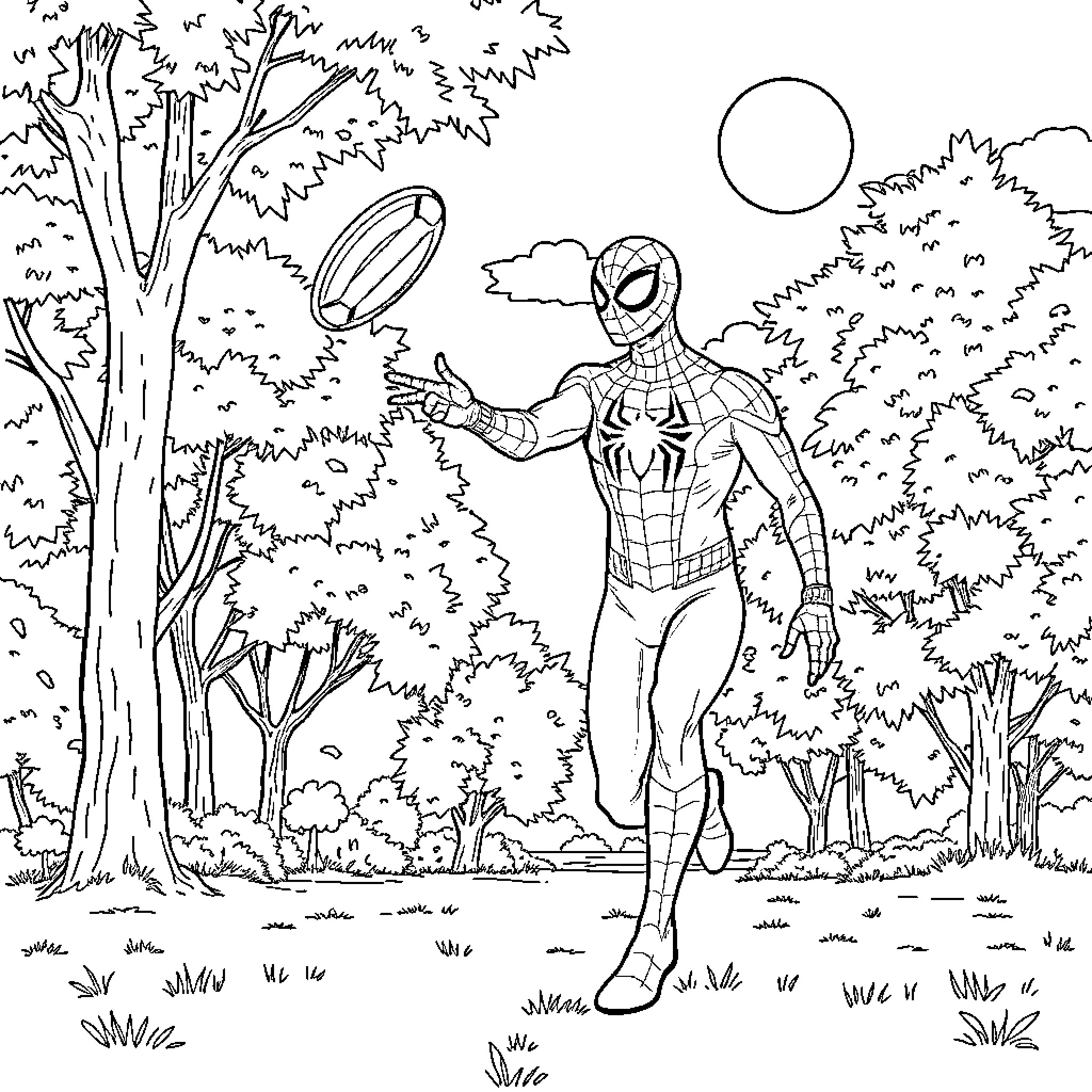 Spiderman exploring nature in a forest scene Coloring Page (free black-and-white line drawing printable PDF for all, from beginners to advanced learners, including children, teens, adults, and seniors)