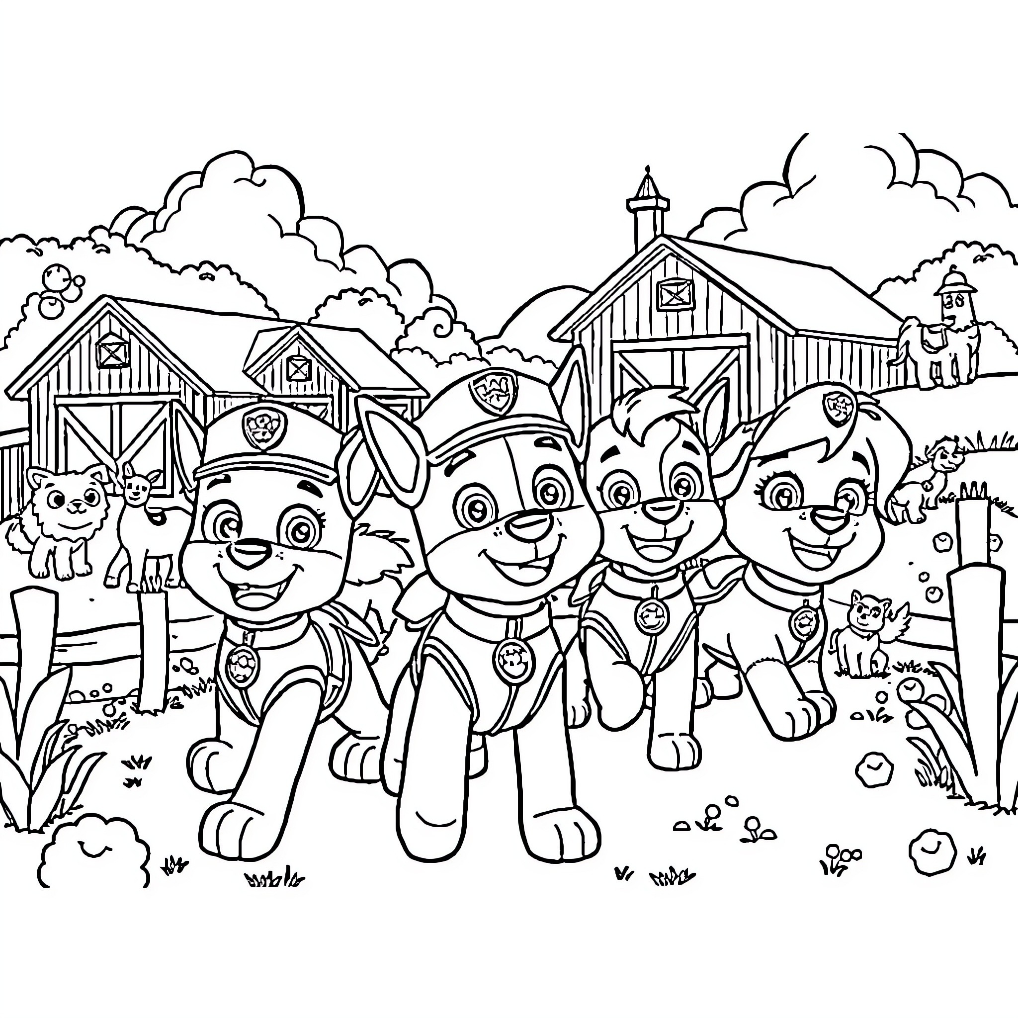 Paw Patrol Pups Exploring Countryside Barn Coloring Page (free black-and-white line drawing printable PDF for all, from beginners to advanced learners, including children, teens, adults, and seniors)