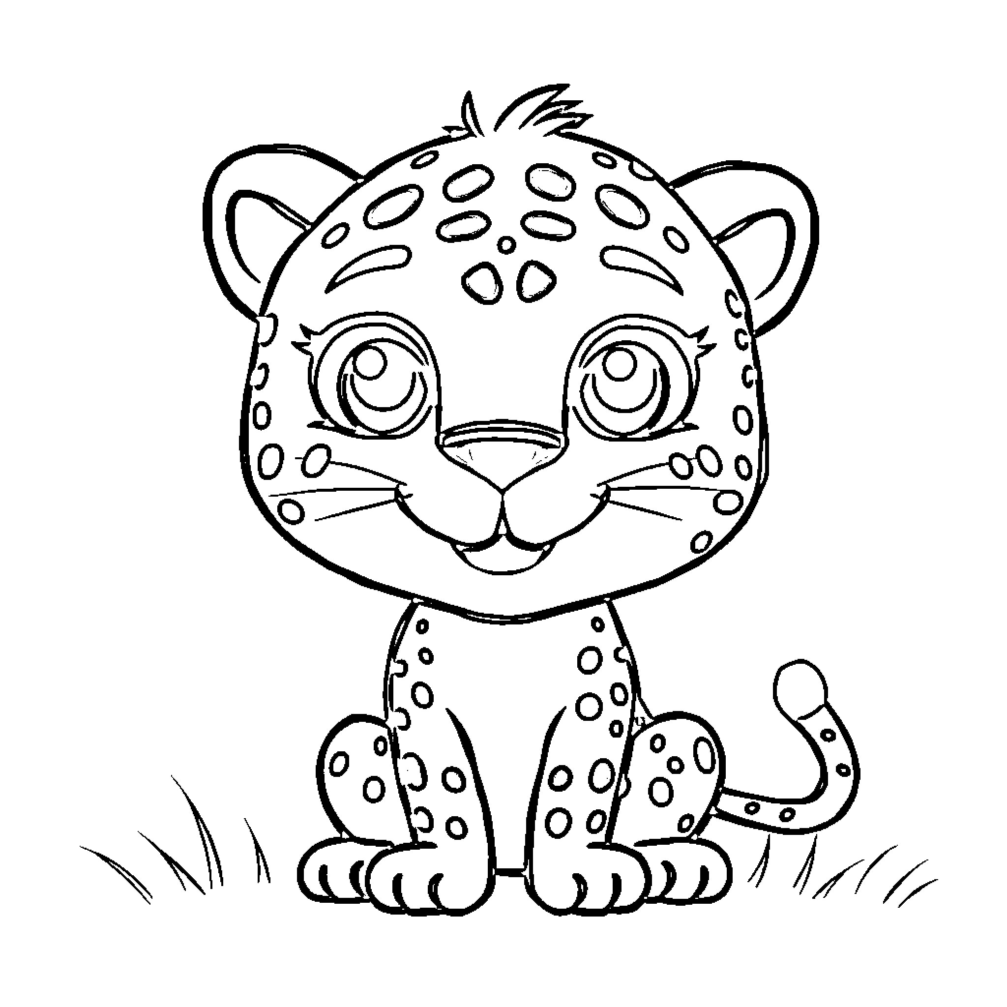 Leopard cub sitting on grass Coloring Page (free black-and-white line drawing printable PDF for all, from beginners to advanced learners, including children, teens, adults, and seniors)