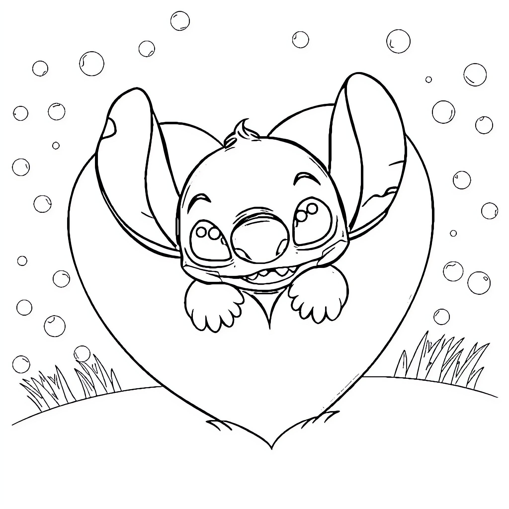 Stitch peeking out from a heart-shaped frame Coloring Page (free black-and-white line drawing printable PDF for all, from beginners to advanced learners, including children, teens, adults, and seniors)