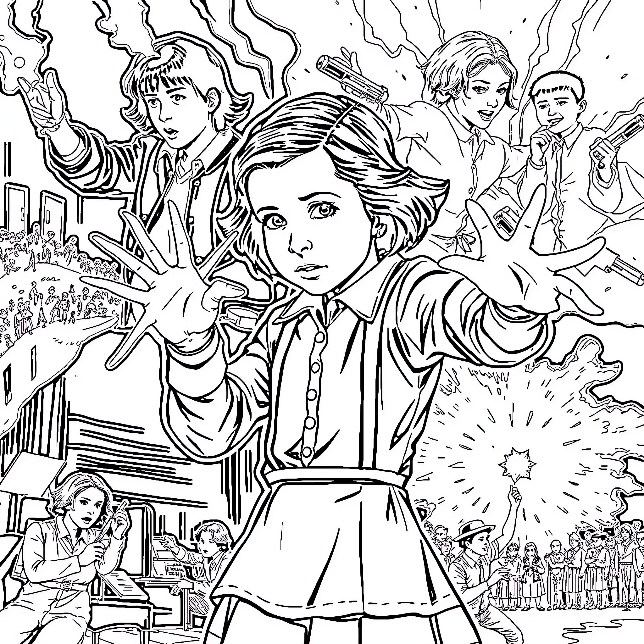 Eleven's Extraordinary Journey Through Strange Encounters Coloring Page (free black-and-white line drawing printable PDF for all, from beginners to advanced learners, including children, teens, adults, and seniors)