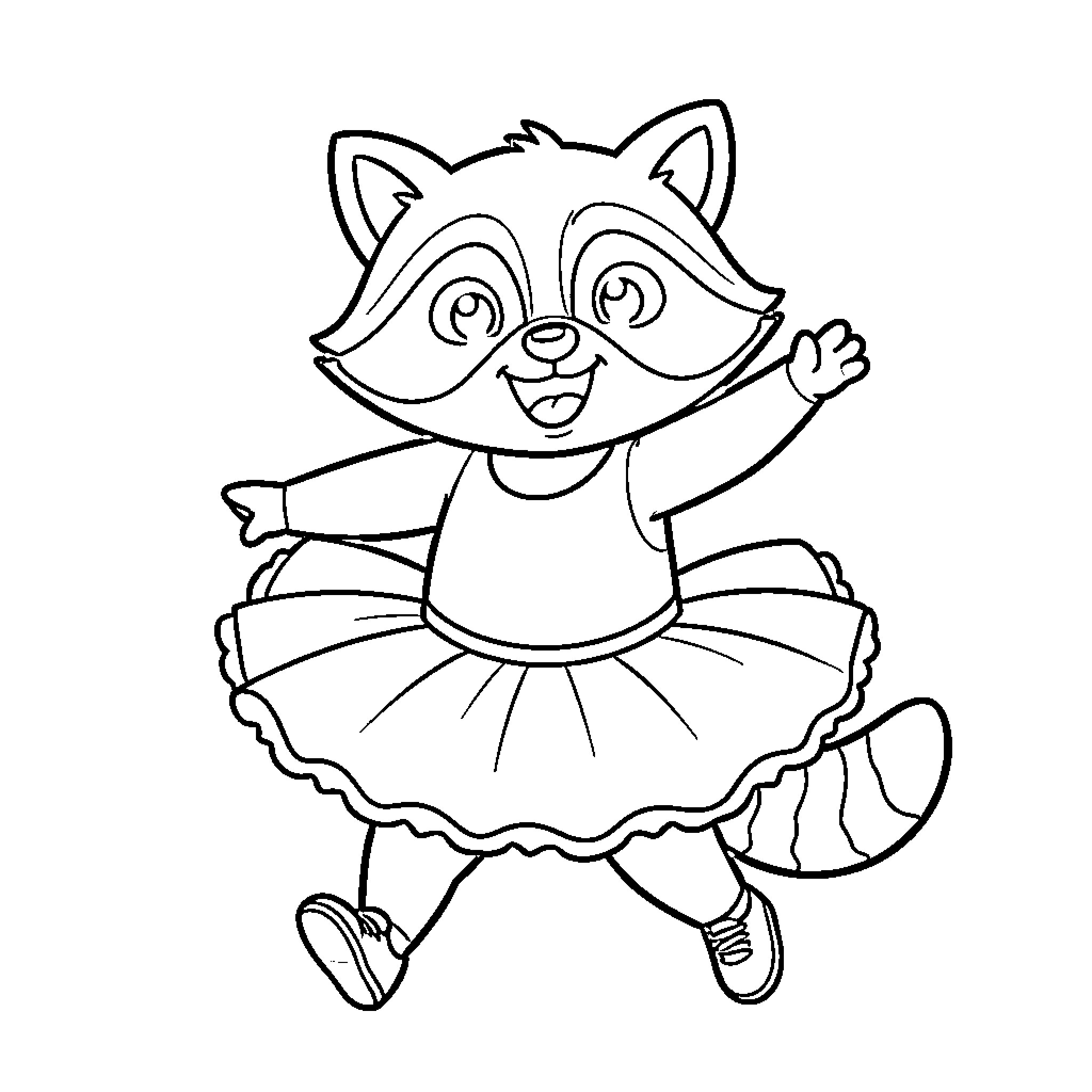 Raccoon dancing happily in a tutu Coloring Page (free black-and-white line drawing printable PDF for all, from beginners to advanced learners, including children, teens, adults, and seniors)