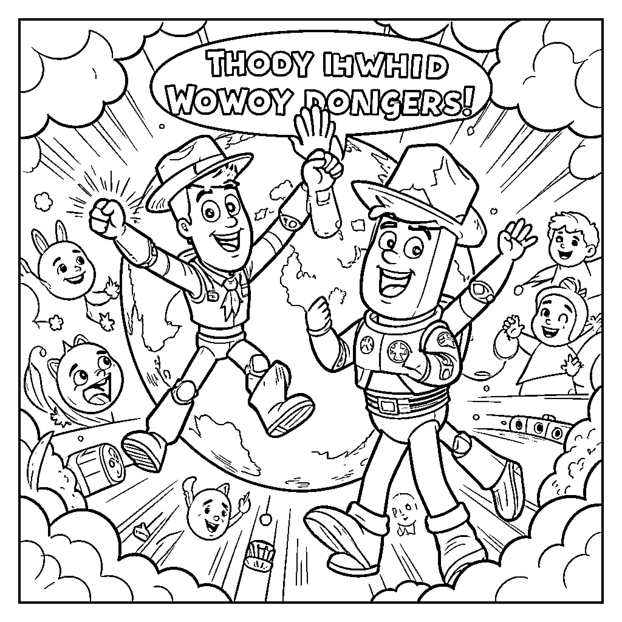 Woody and Buzz celebrating a high five together Coloring Page (free black-and-white line drawing printable PDF for all, from beginners to advanced learners, including children, teens, adults, and seniors)