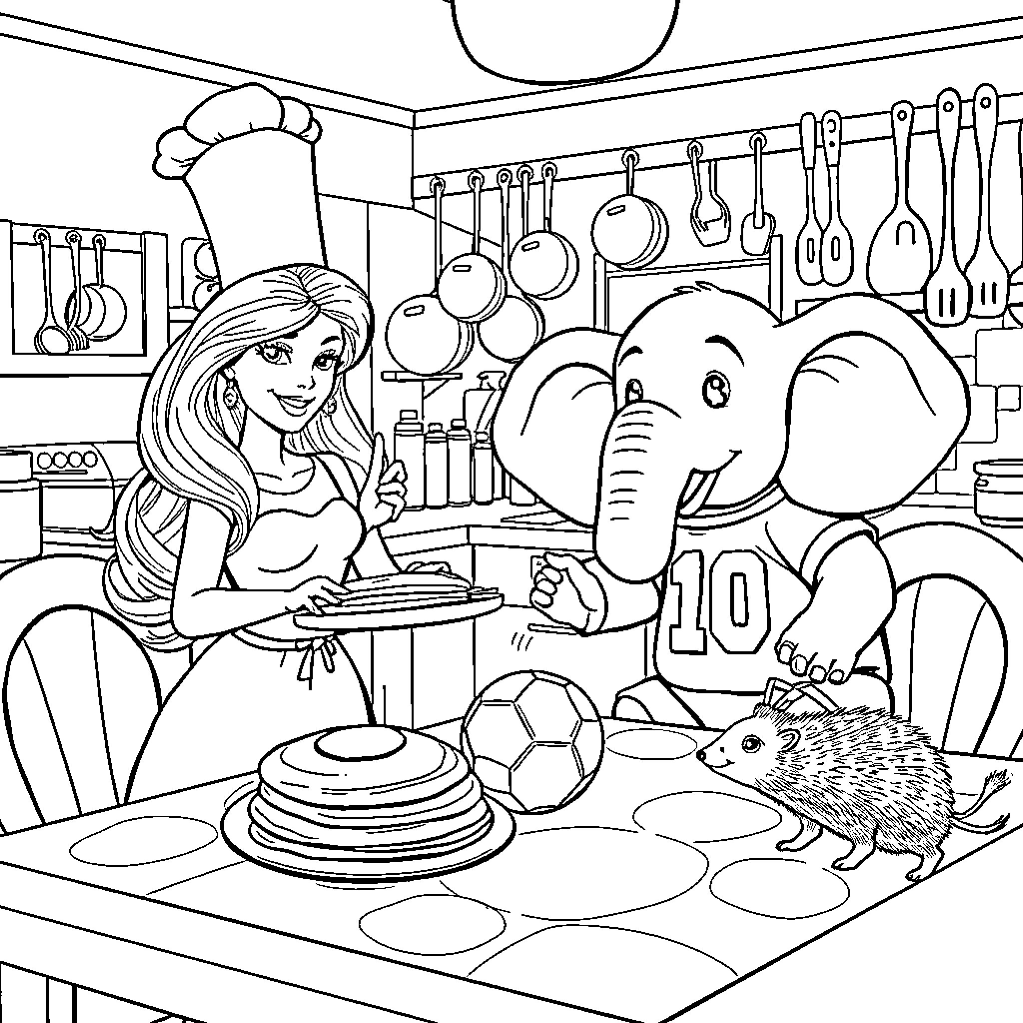 Barbie baking with elephant and hedgehog in the kitchen Coloring Page (free black-and-white line drawing printable PDF for all, from beginners to advanced learners, including children, teens, adults, and seniors)