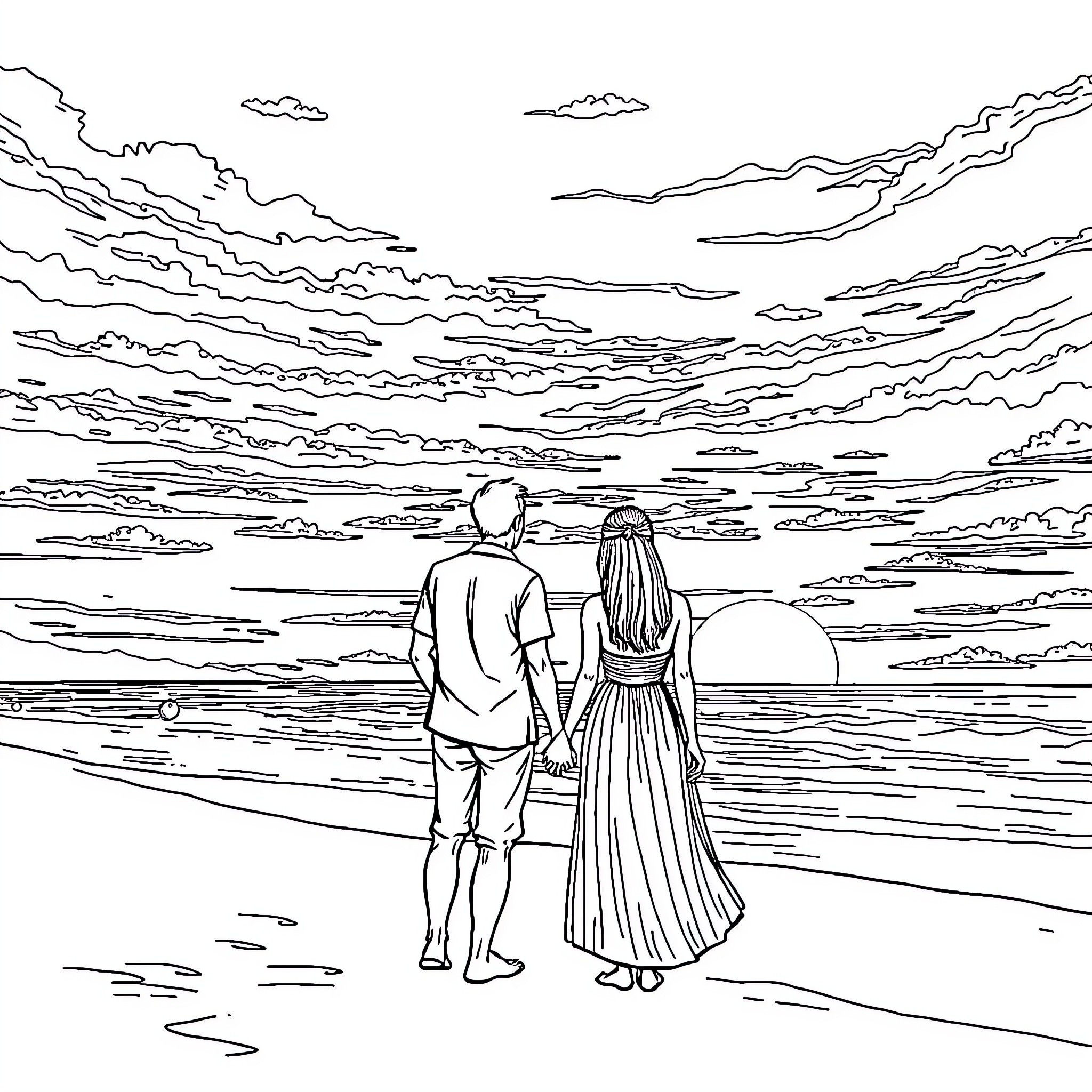Couple enjoying sunset by the beach Coloring Page (free black-and-white line drawing printable PDF for all, from beginners to advanced learners, including children, teens, adults, and seniors)