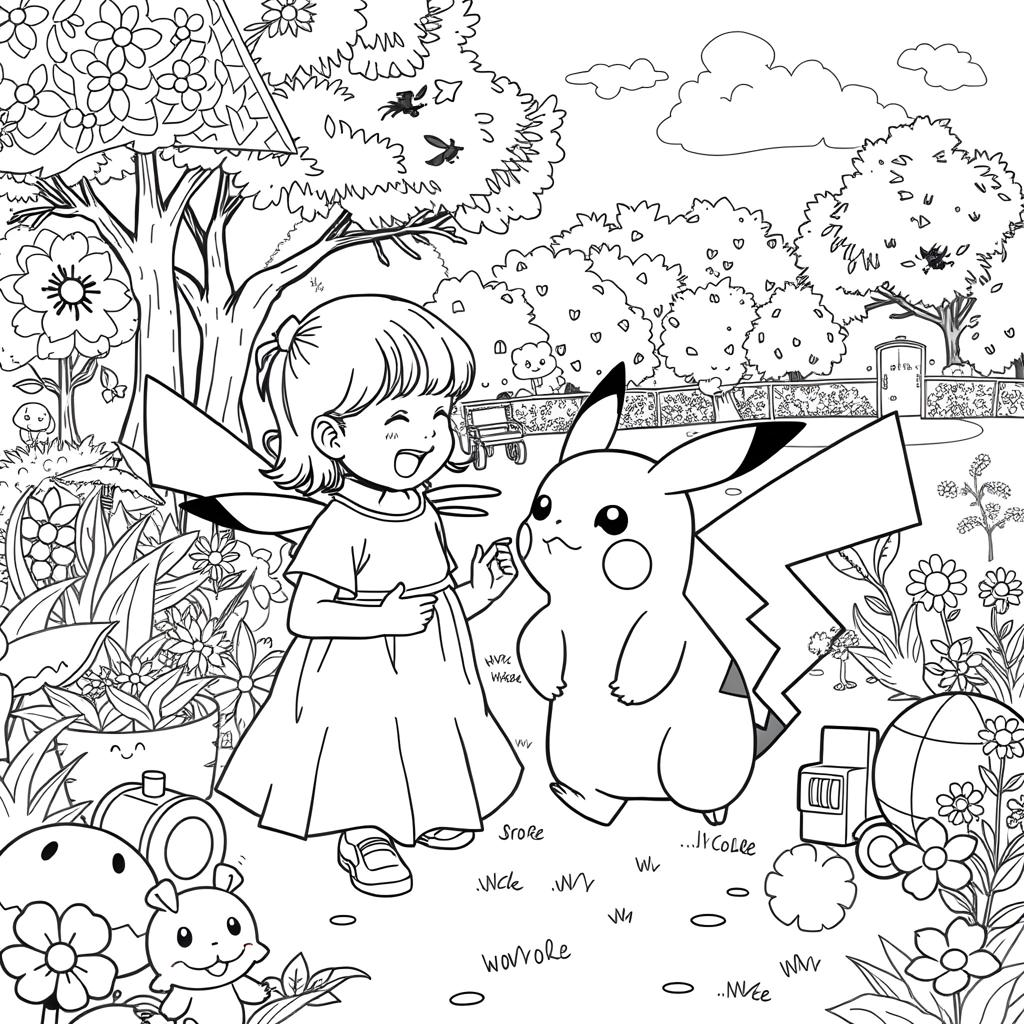 Pikachu and a Girl Playing in the Floral Garden Coloring Page (free black-and-white line drawing printable PDF for all, from beginners to advanced learners, including children, teens, adults, and seniors)