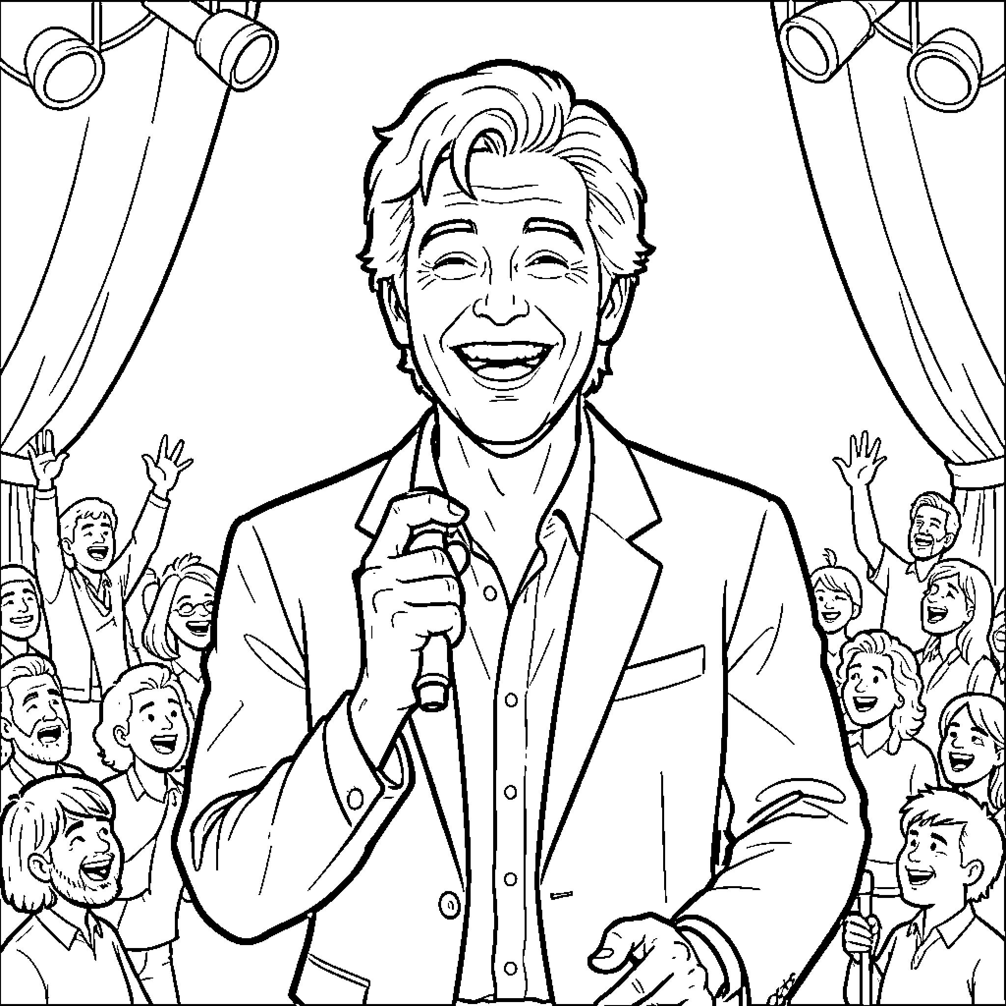 Steve Martin laughing while performing on a stage Coloring Page (free black-and-white line drawing printable PDF for all, from beginners to advanced learners, including children, teens, adults, and seniors)