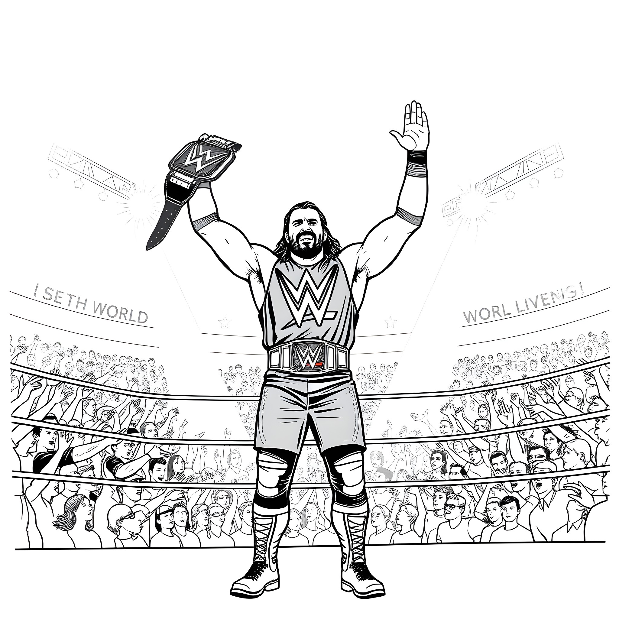 Seth Rollins Celebrates Victory in the Wrestling Ring Coloring Page (free black-and-white line drawing printable PDF for all, from beginners to advanced learners, including children, teens, adults, and seniors)